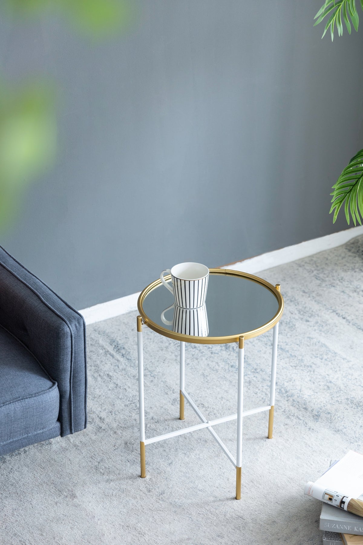 Set of 2 Mirrored Top Side Tables - Gold and White