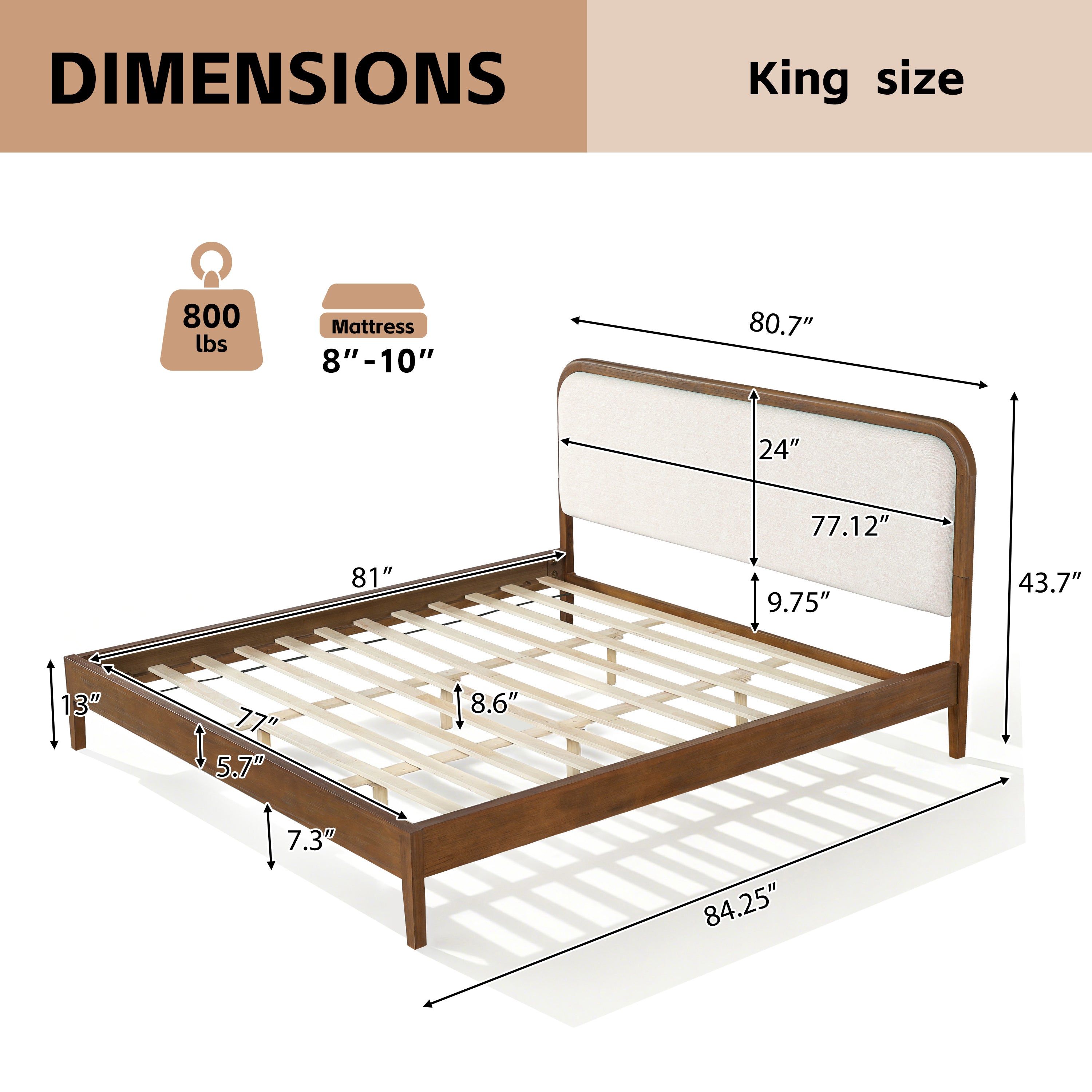 Acacia Wood Bed Frame With Beige Upholstered Headboard