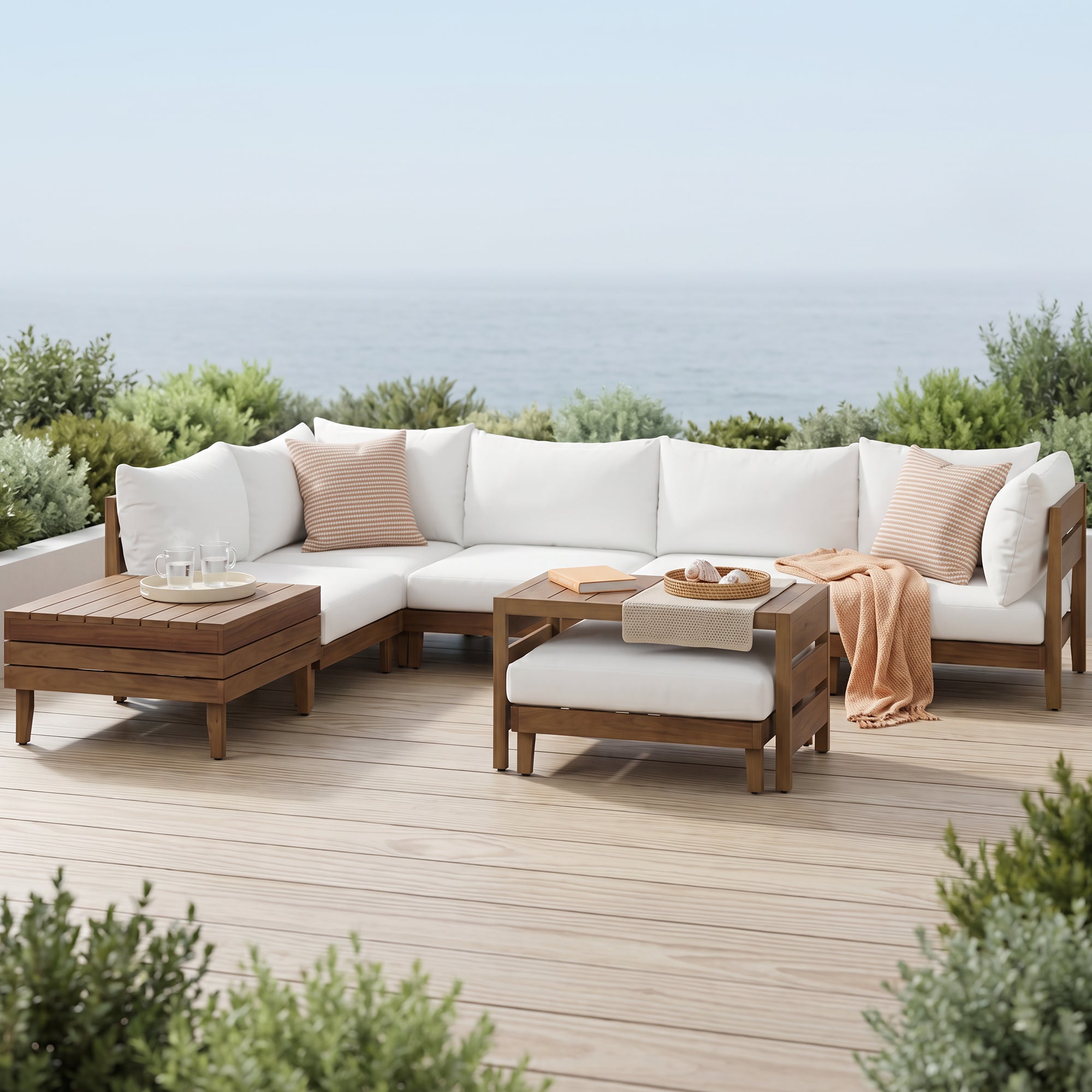 8-Piece Acacia Wood Outdoor Patio Sofa Set, Modular Sectional Furniture Set With Storage Tea Table, Coffee Table And Cushions