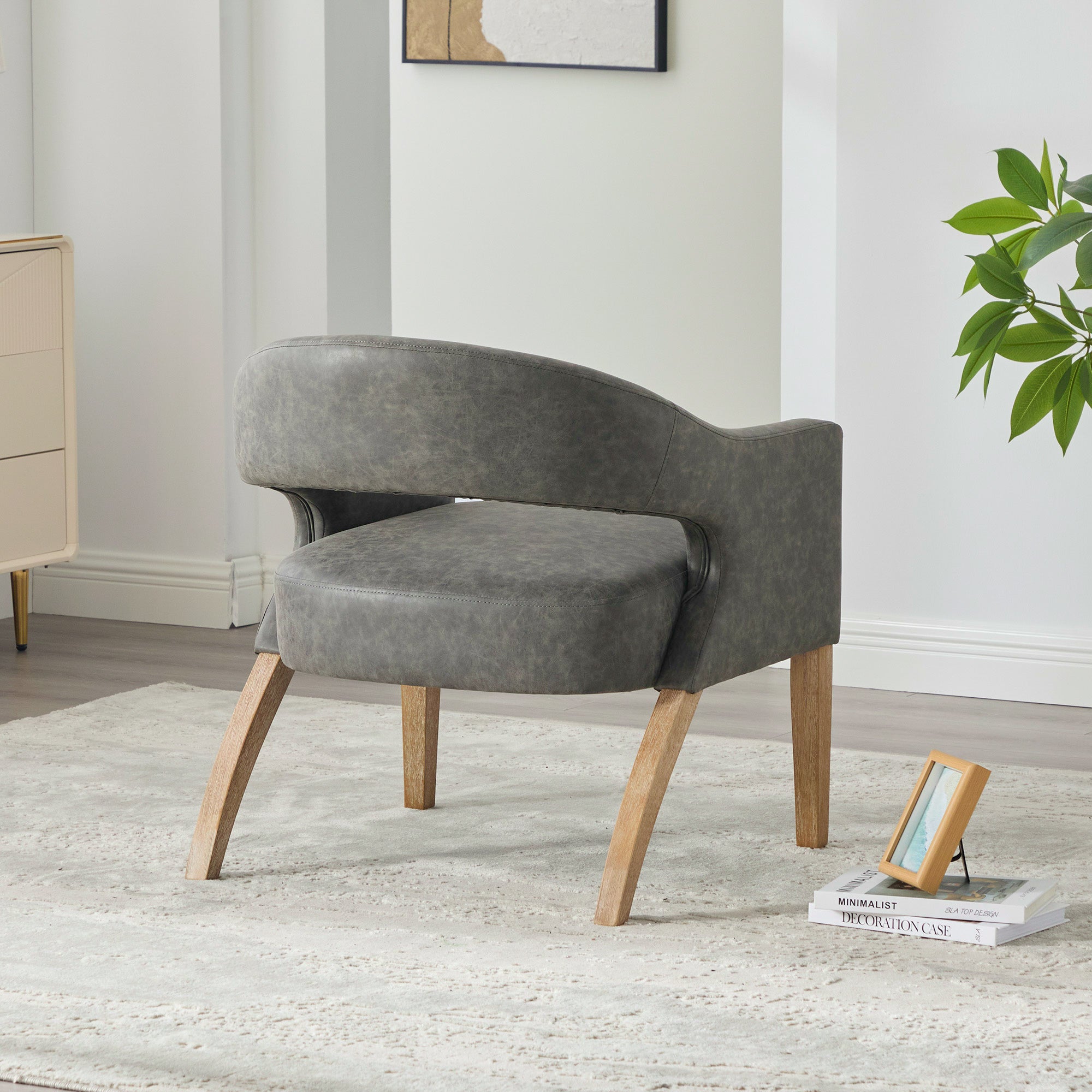 Mid-Century Modern Vegan Leather Open Back Accent Chair with Rubberwood Legs