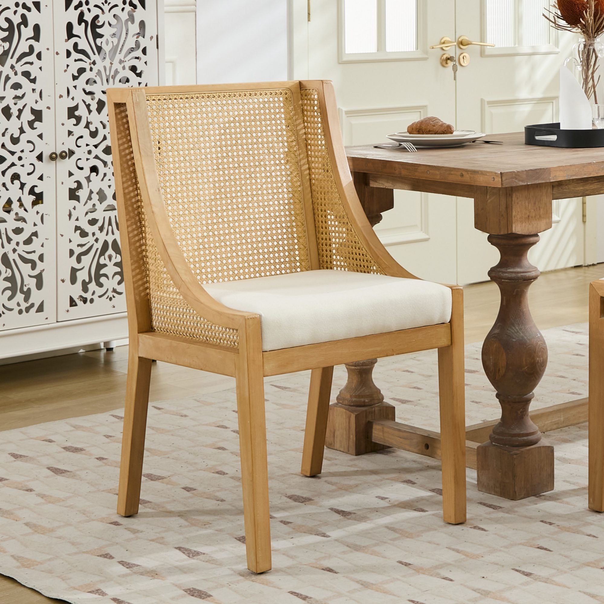 Linen Upholstered Rattan Dining Chair with Decorative Armrests