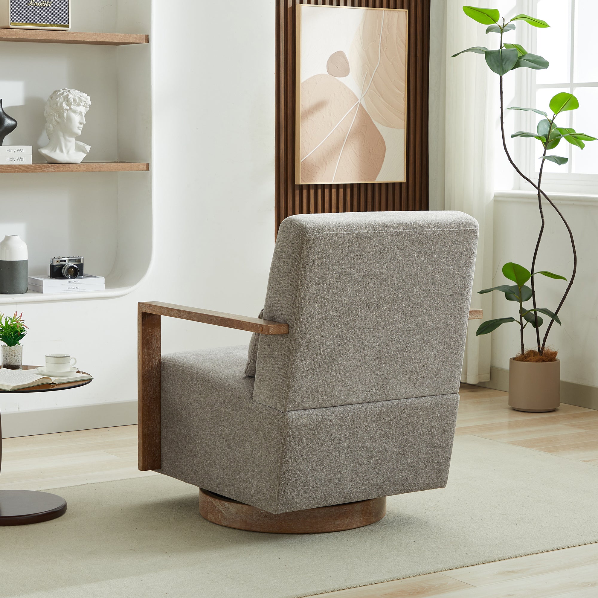 Swivel Modern Upholstered Accent Chair with Solid Wood Armrests