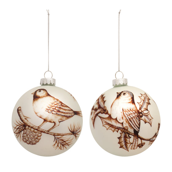Glass Ball Ornament with Painted Bird Branch Design, Set of 6