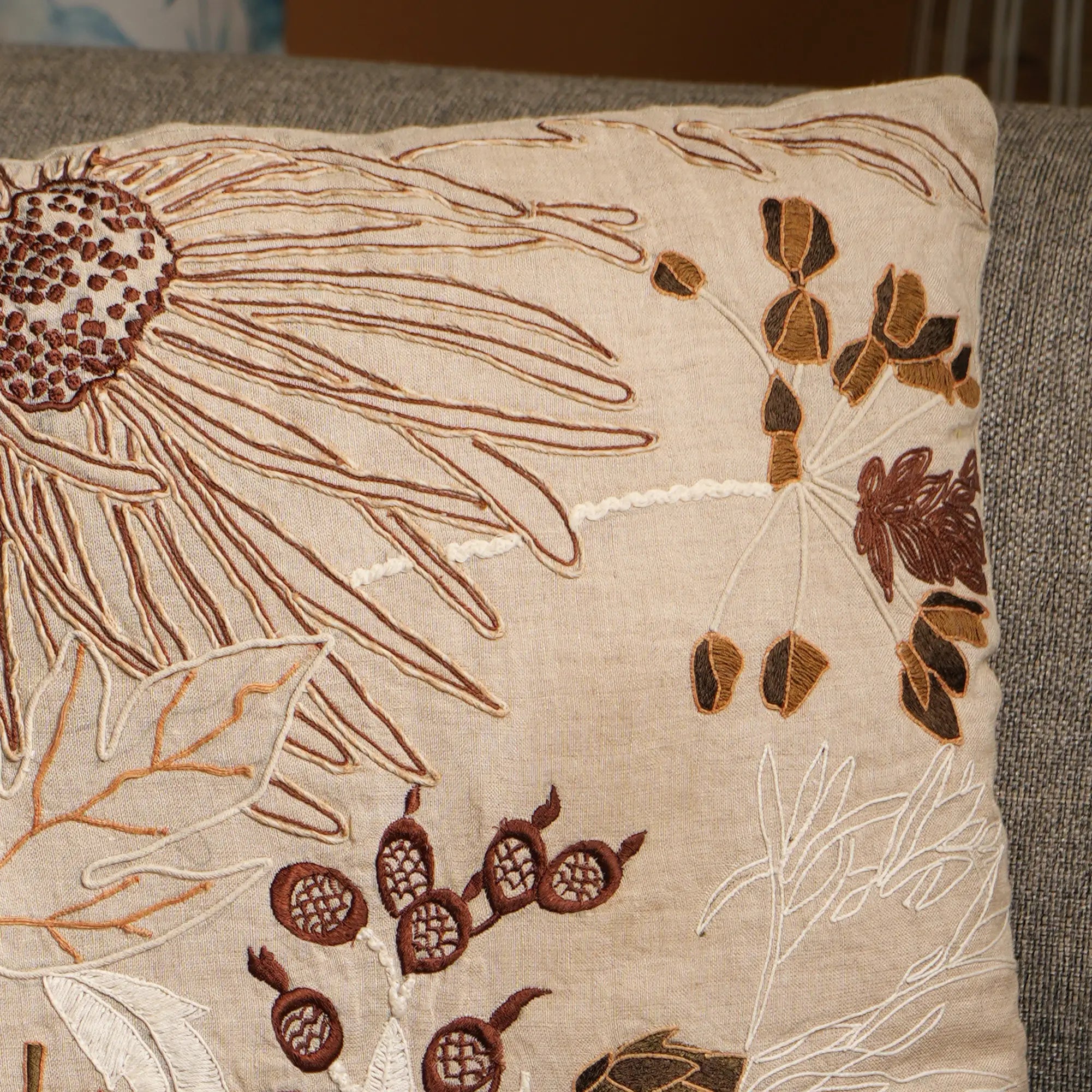 100% Linen Floral Embroidered Cushion