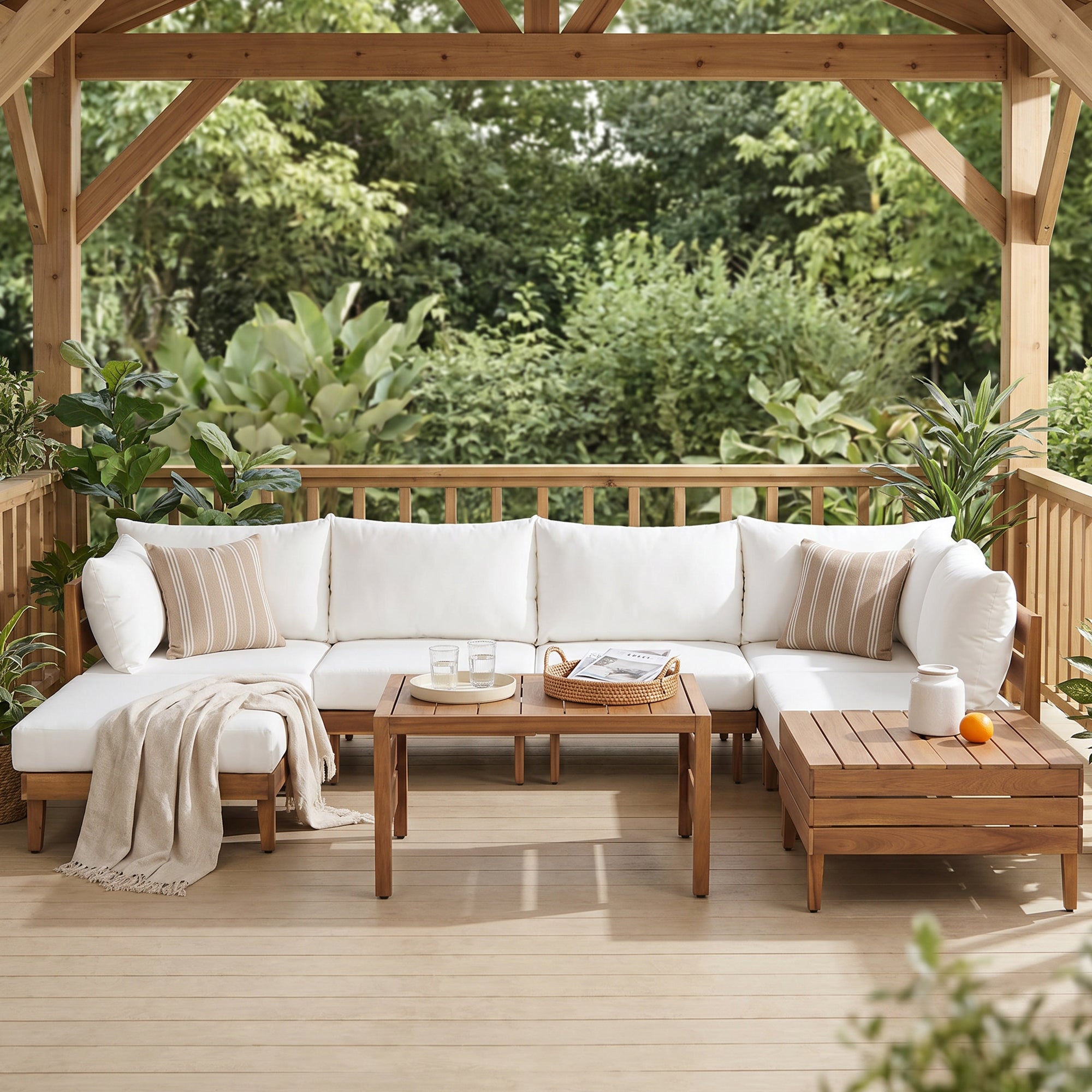 8-Piece Acacia Wood Outdoor Patio Sofa Set, Modular Sectional Furniture Set With Storage Tea Table, Coffee Table And Cushions