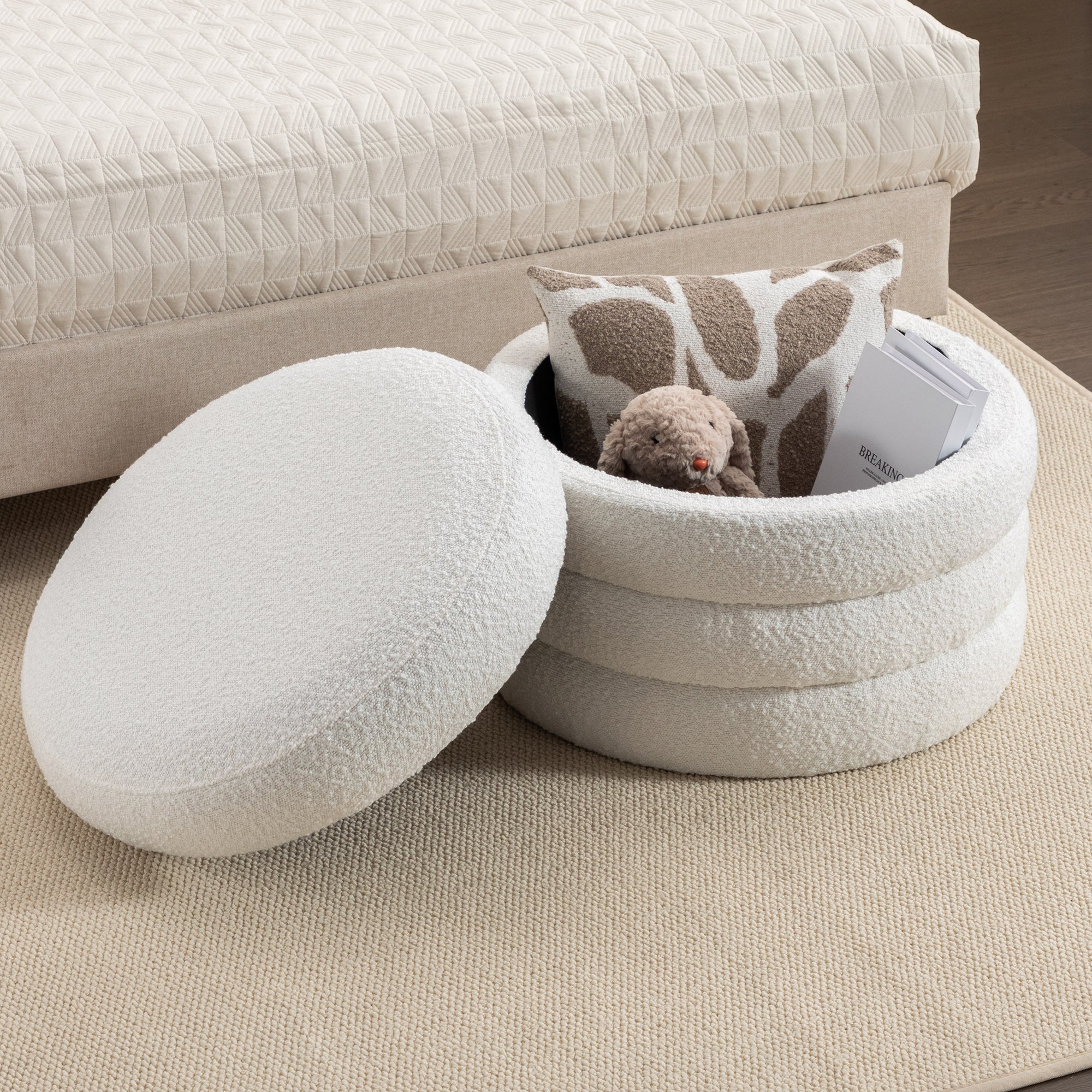 Boucle Storage Round Ottoman Footstool With Wooden Shelving