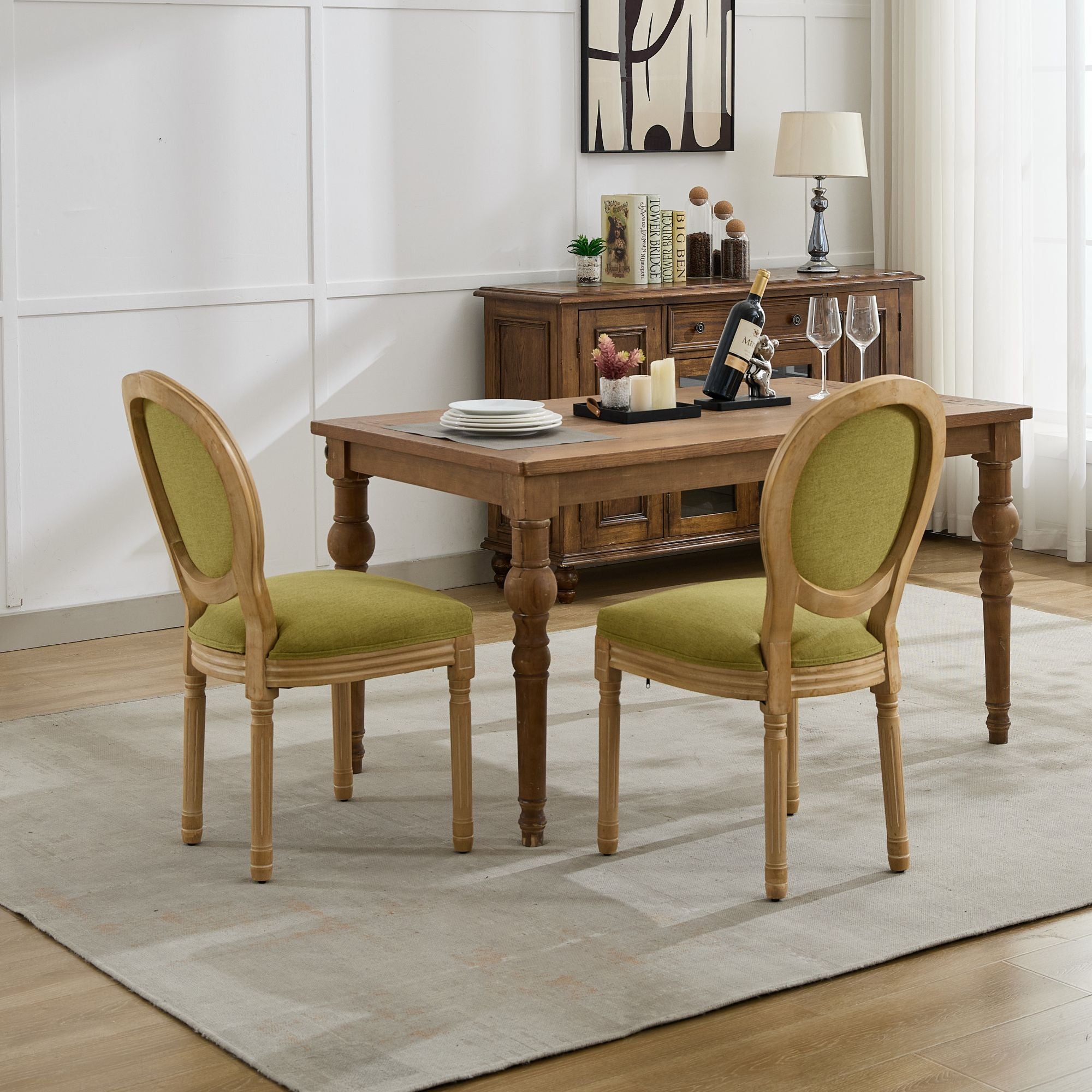 French Country Dining Chairs with Round Upholstered Backrest, Set of 2