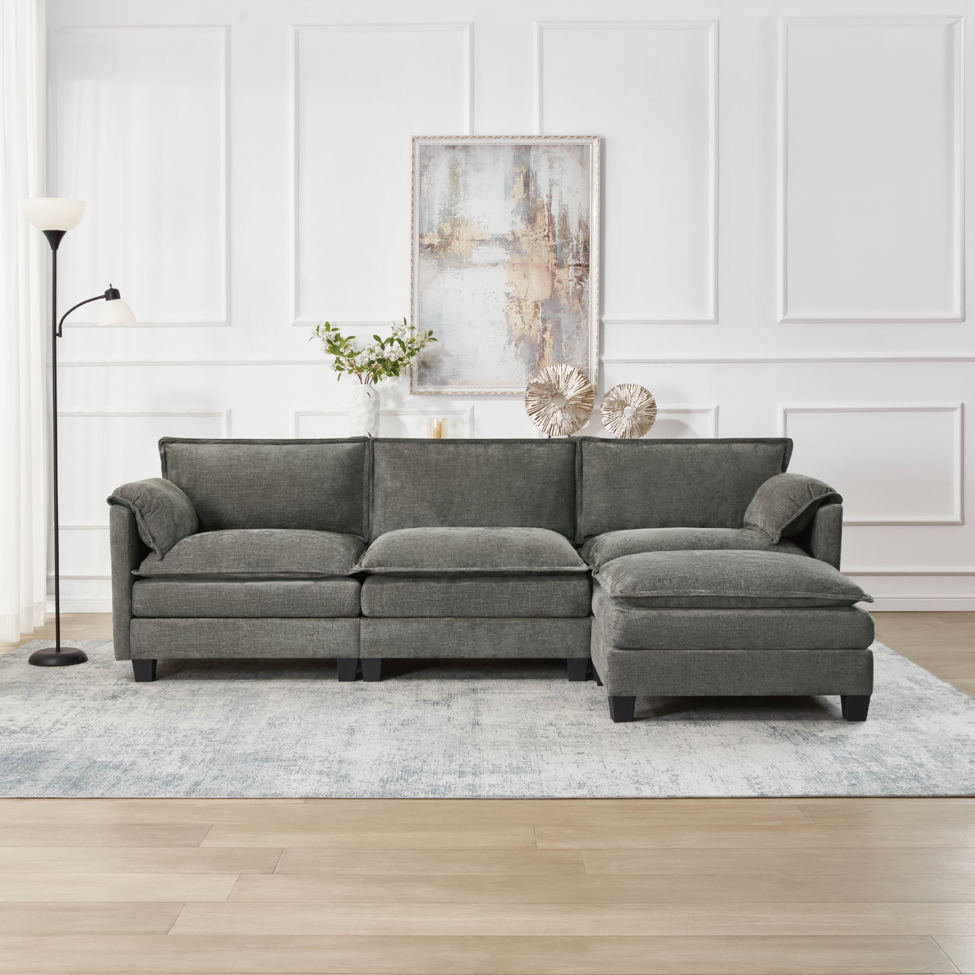 L-Shaped Corduroy Corner Sofa with Storage Armrest Cushions