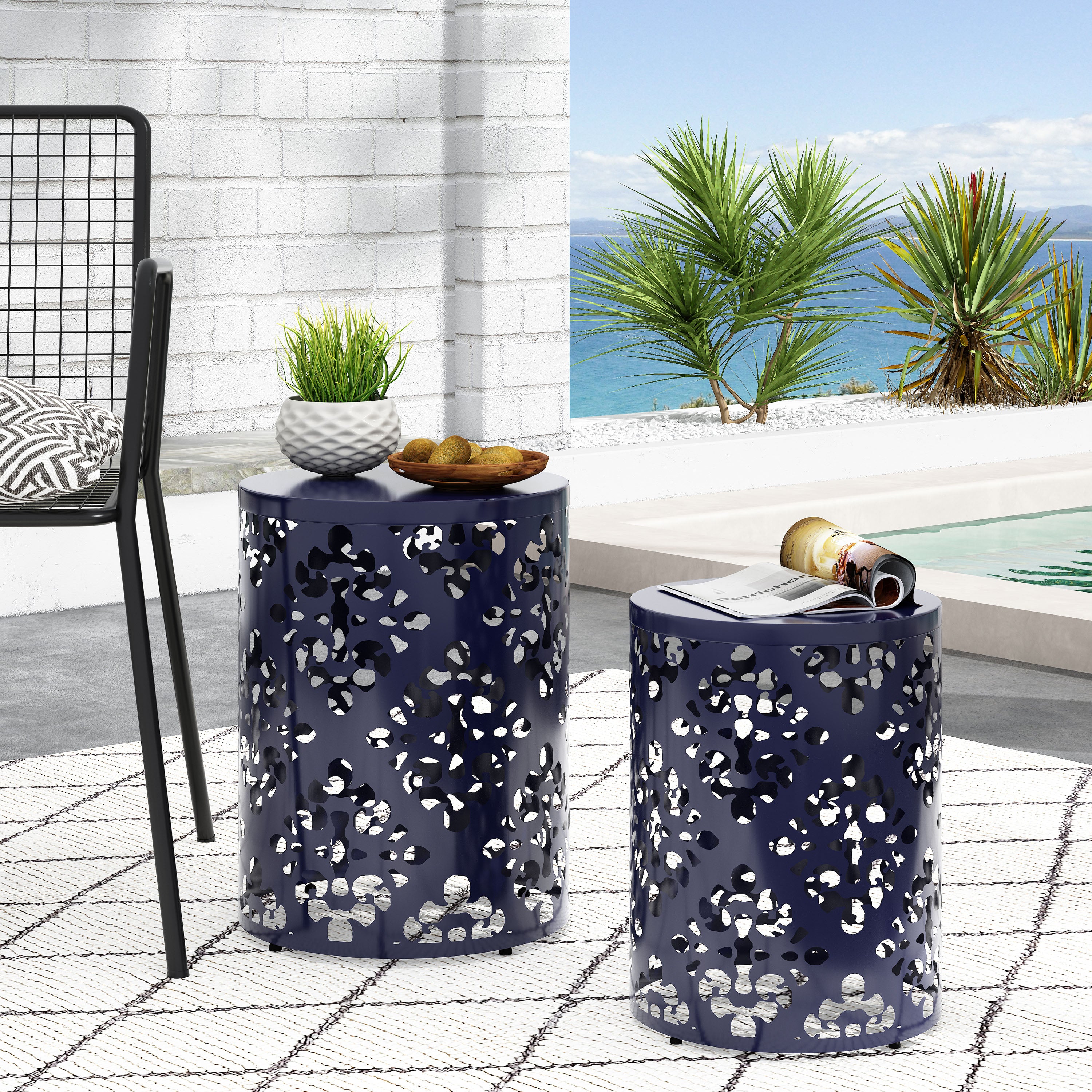 Refinery 2-Piece Outdoor End Table Set with Floral Patten and Iron Cut Design