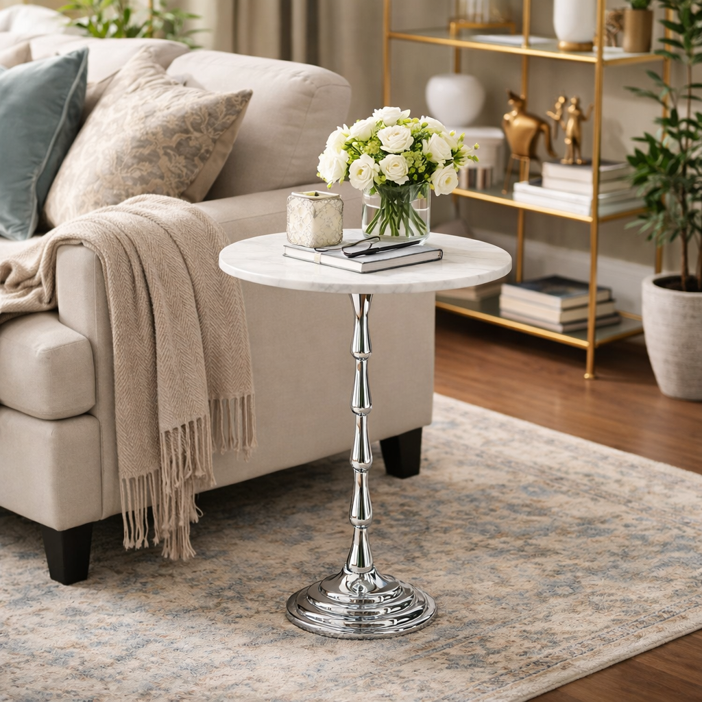 Drink Table with White Marble Top  and Aluminum Base