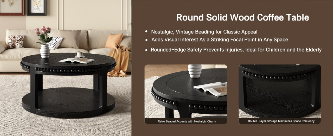 Round Solid Wood Coffee Table with Beaded Accent Edge