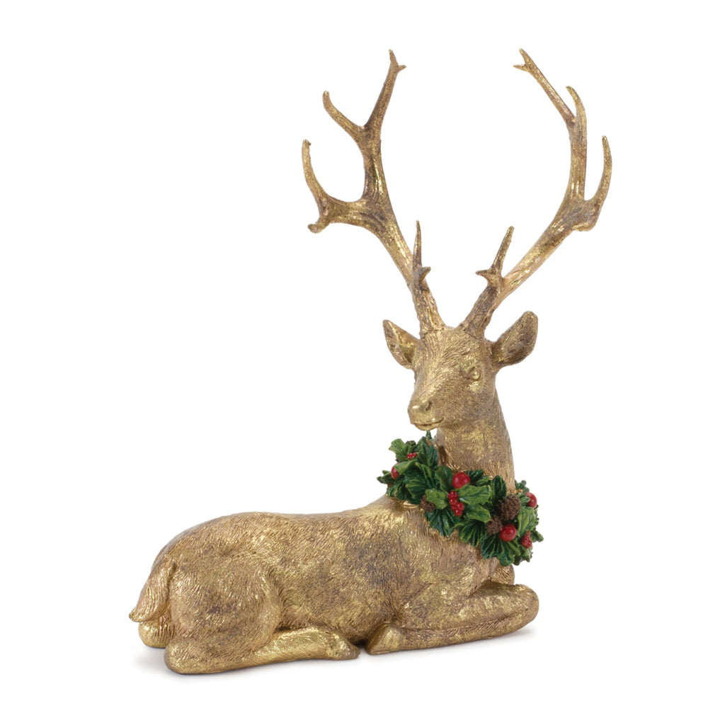 Laying Deer Figurine with Holly Wreath (Set of 2)
