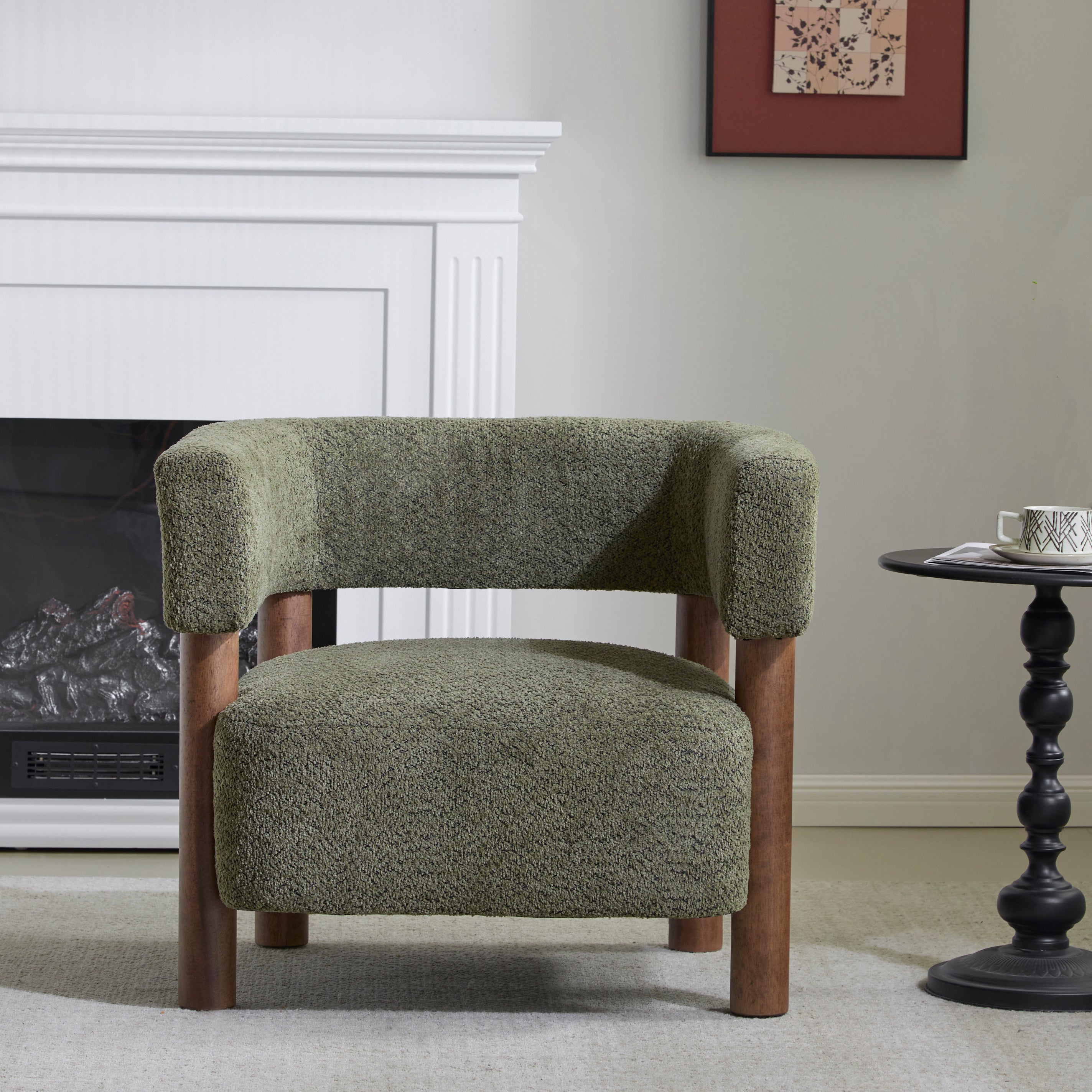 Boucle Upholstered Accent Arm Chair with Modern Wooden Frame