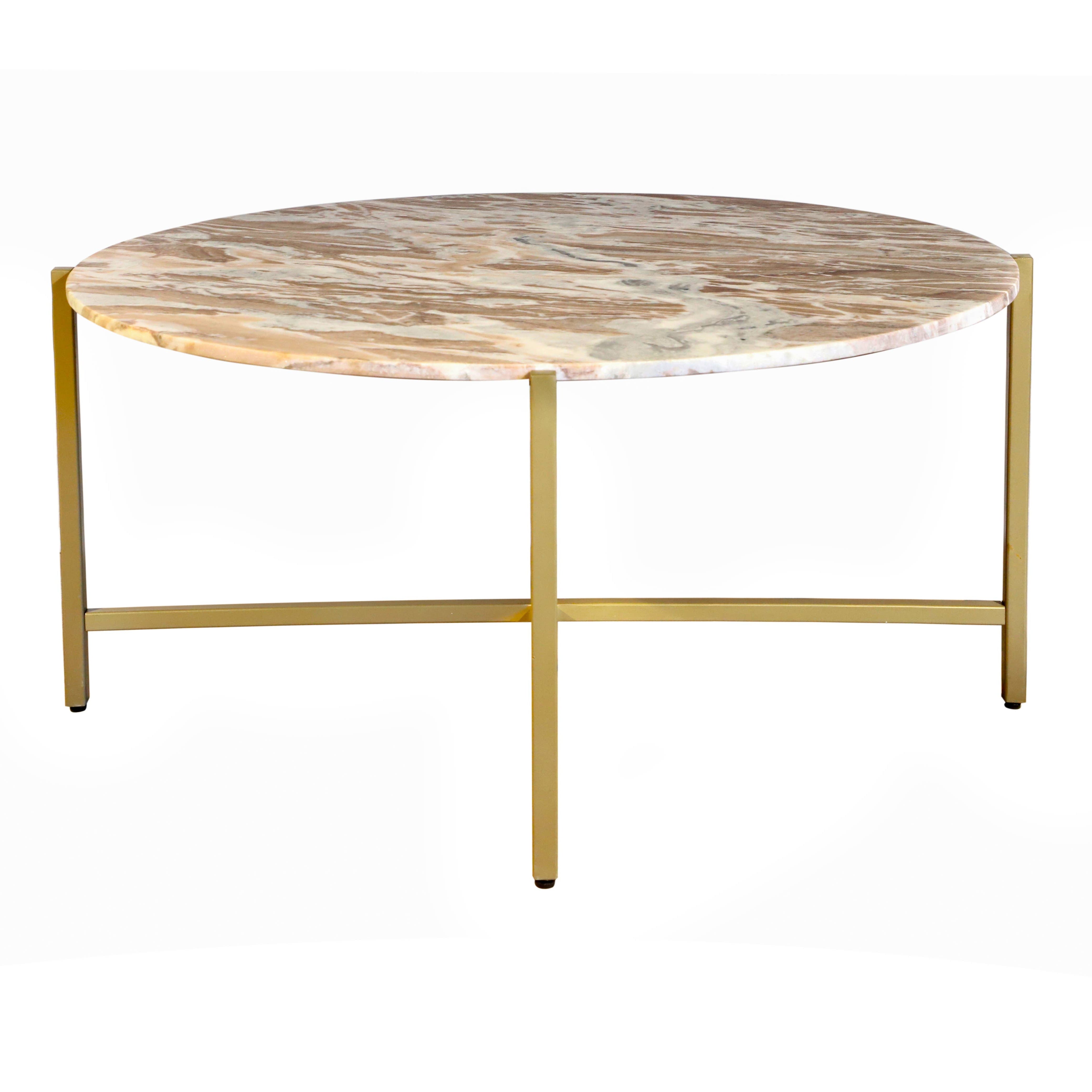 Brown Marble Coffee Table with Golden Metal Frame