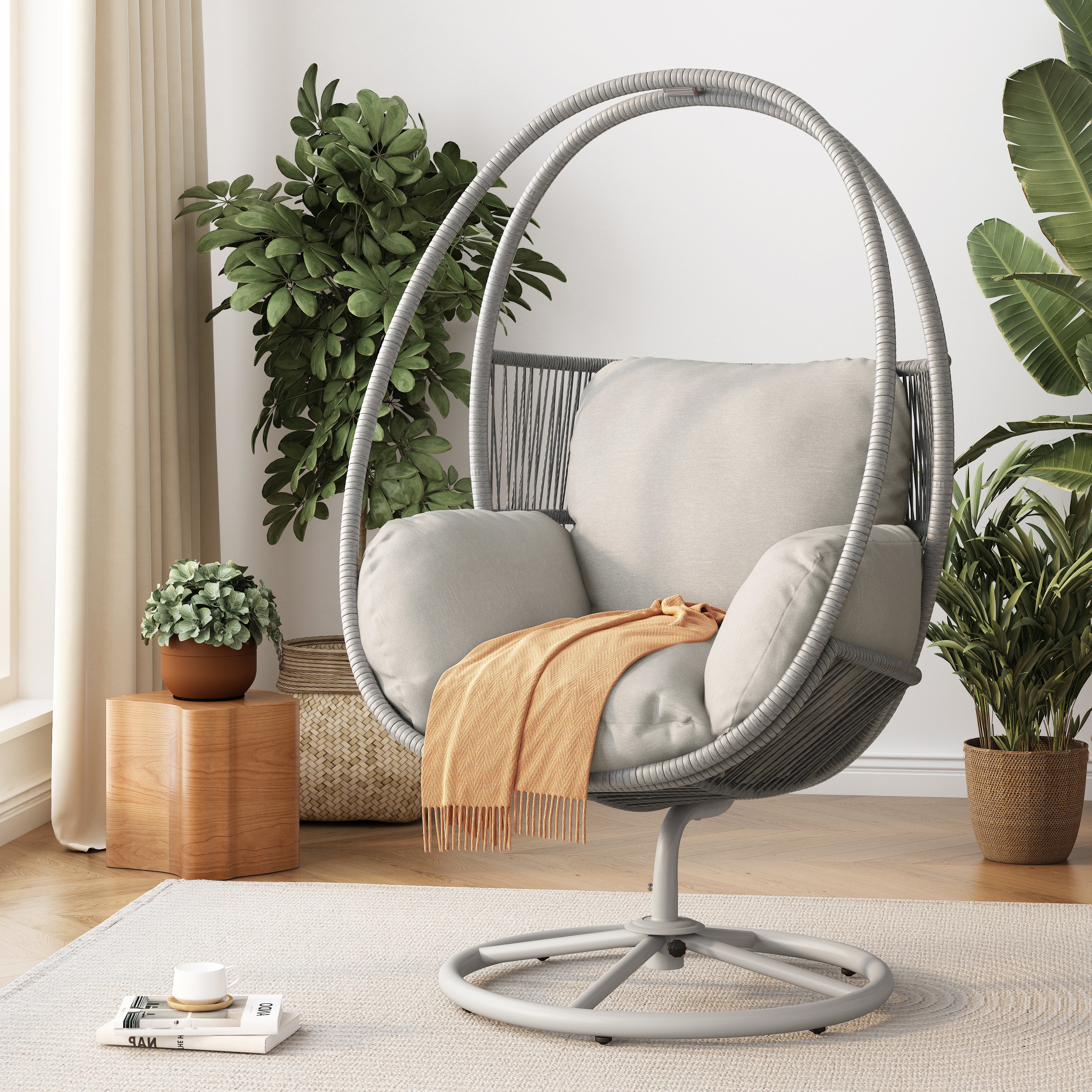 Outdoor Wicker Swivel Lounge Chair with Cushions and Sturdy Iron Base