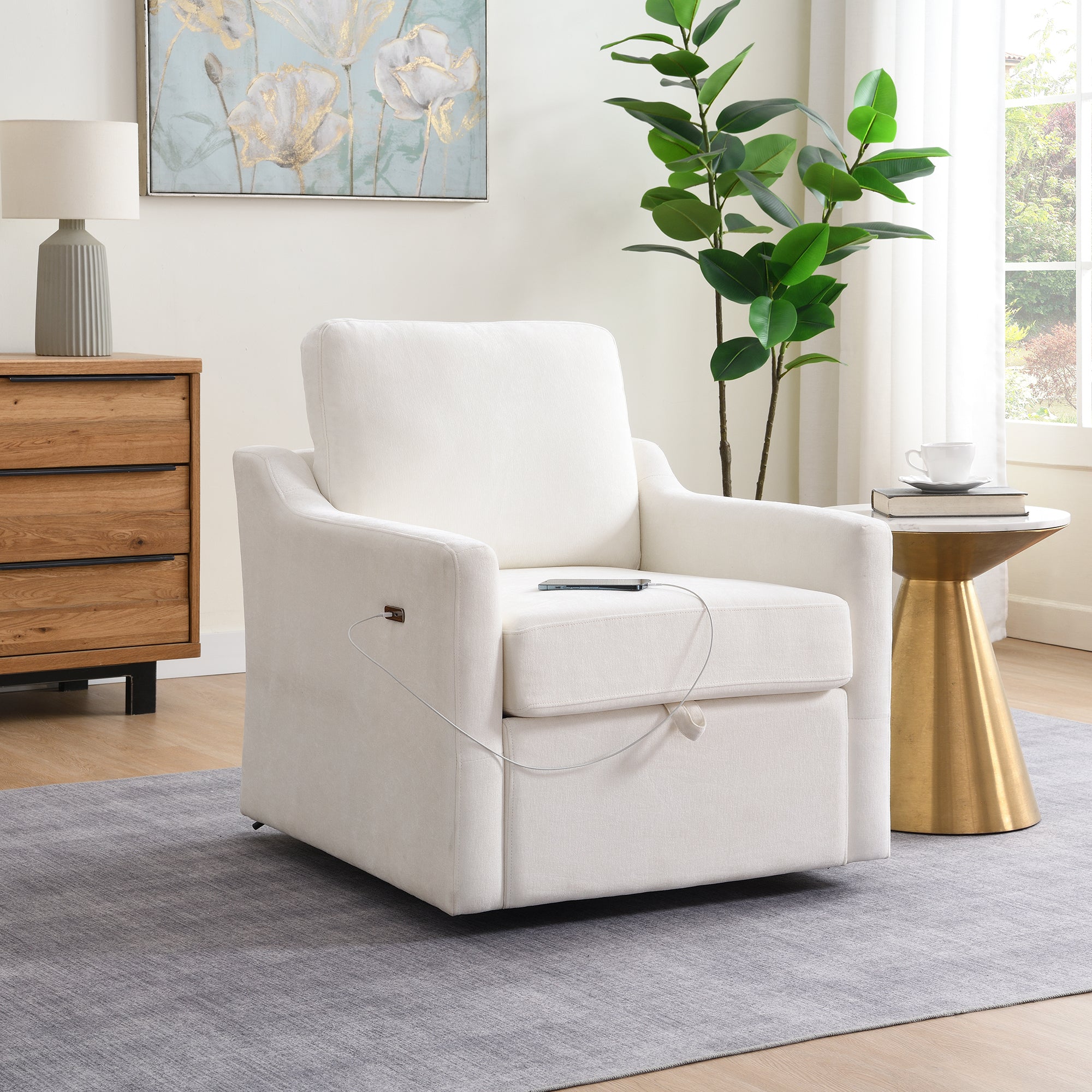 Chenille Swivel Arm Accent Chair With Charging Port and Pocket