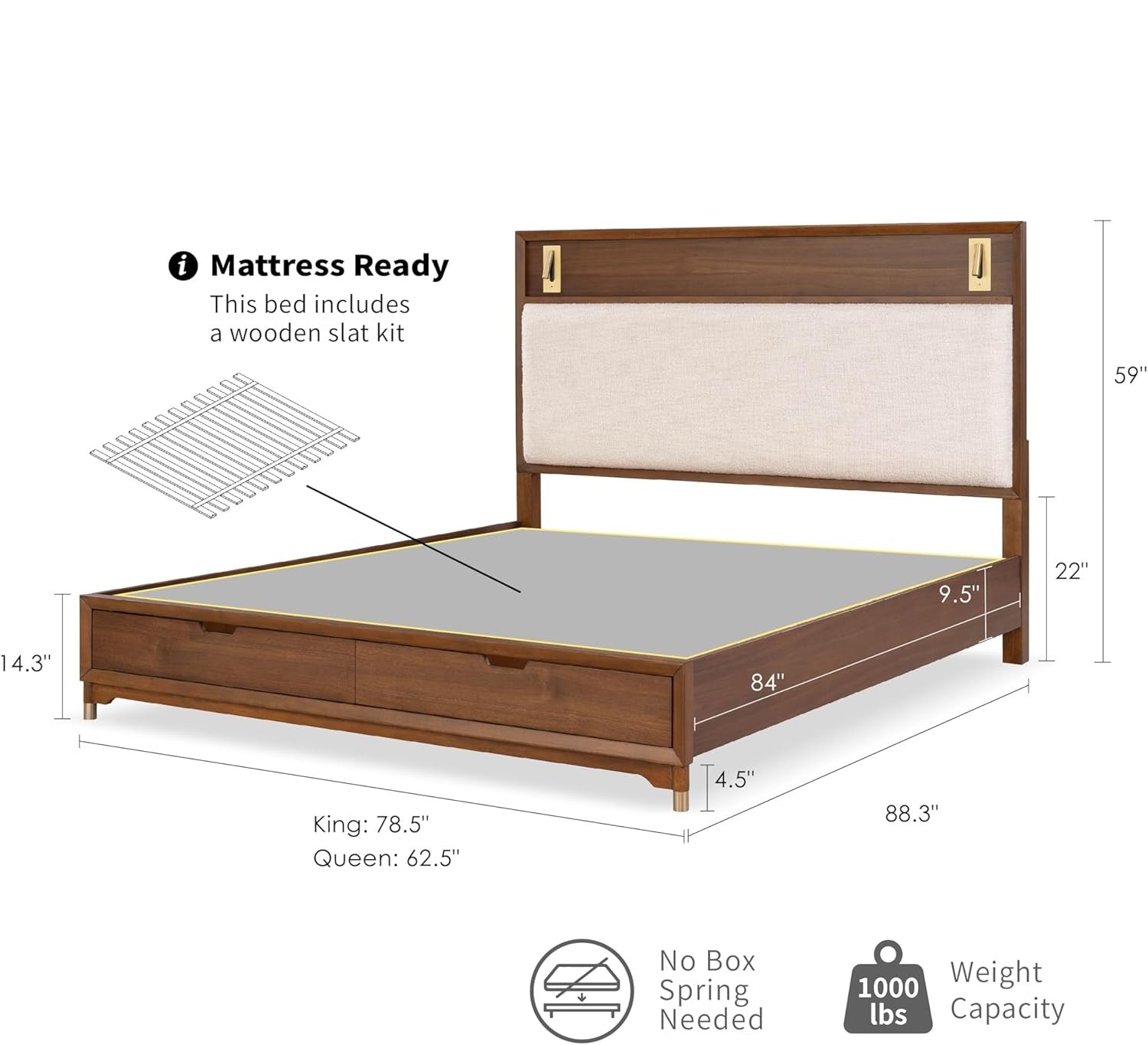 Edison Mid-Century Modern Upholstered Bed with Reading Light
