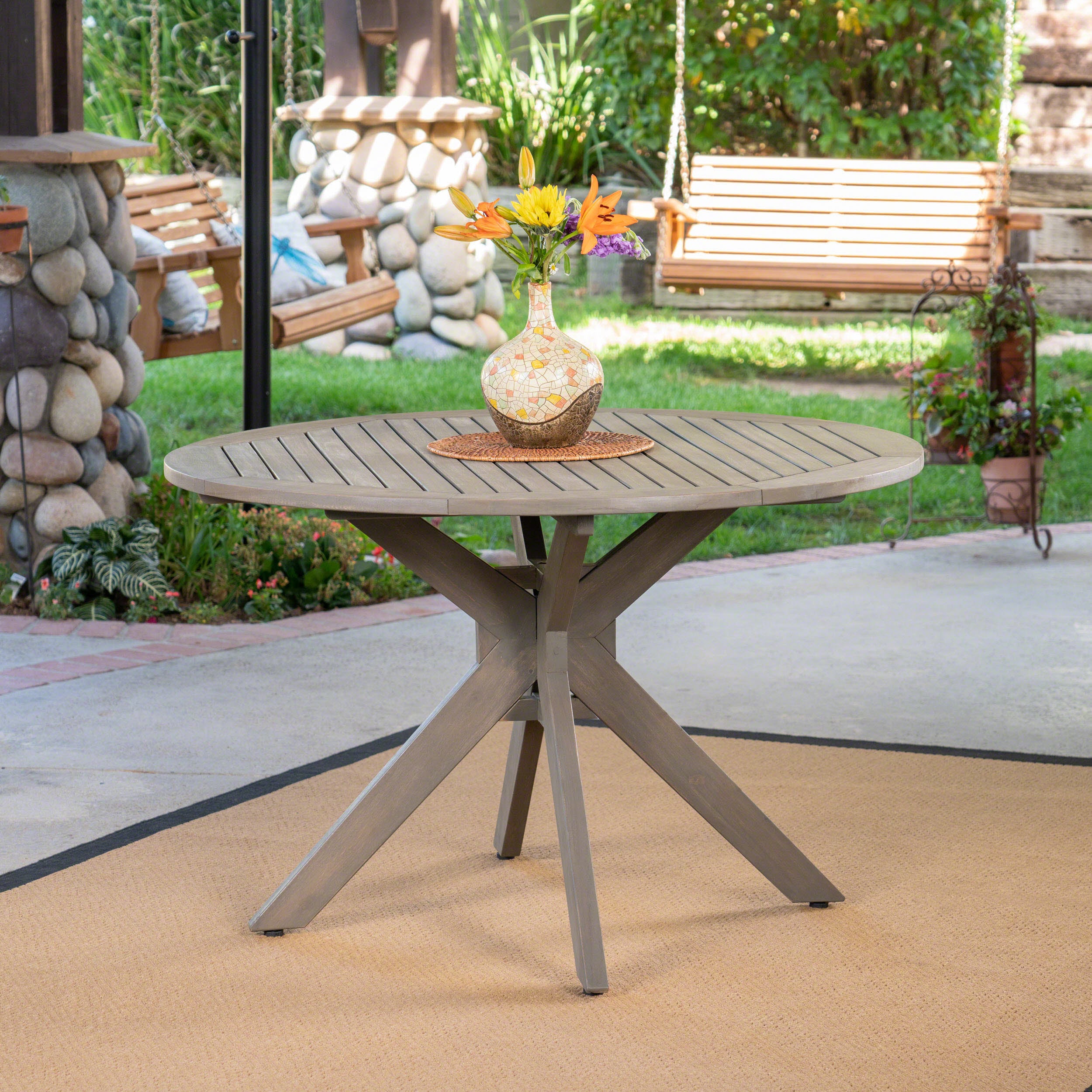 Stanford Outdoor Round Acacia Wood Dining Table with X Base