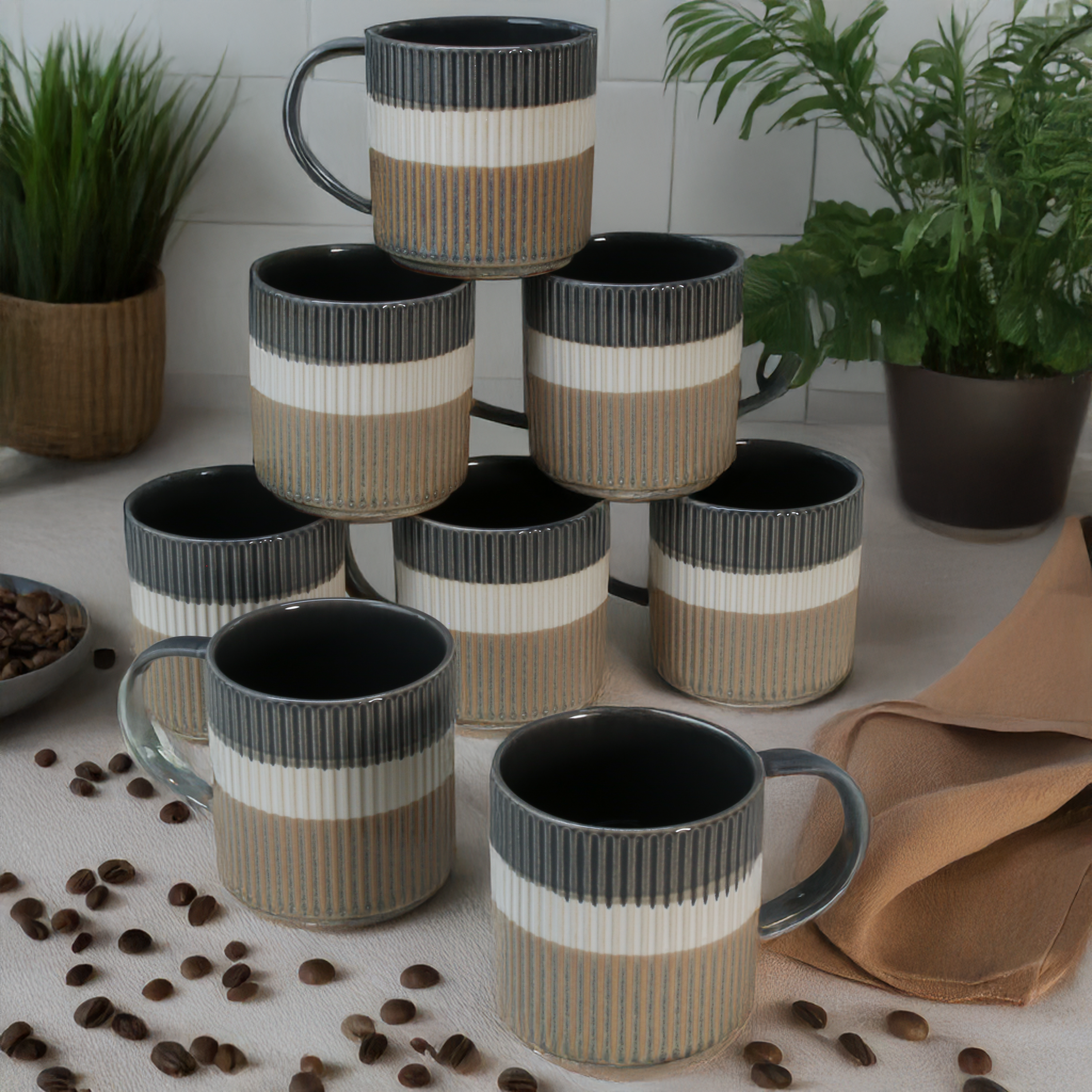 Tri-Color Mugs, 8-Piece Set
