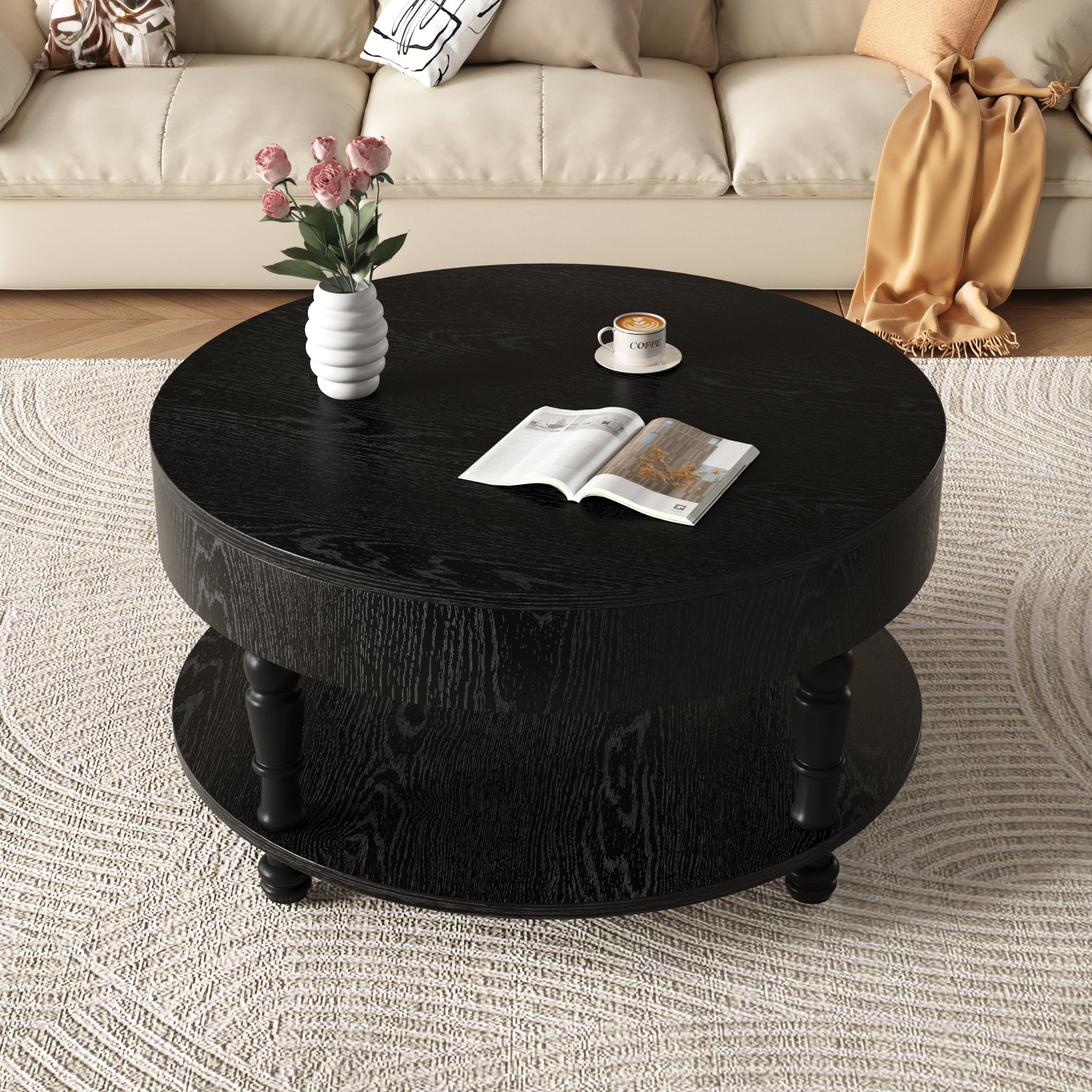 Traditional Round Coffee Table with Storage and Hidden Compartment