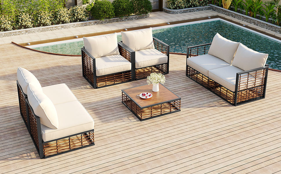 TOPMAX Modern Minimalist 7-Piece Metal Patio Sectional Sofa Set, All-Weather Garden Conversational Furniture Set with Thick Cushions and Coffee Table for Indoor Outdoor, Dark Grey