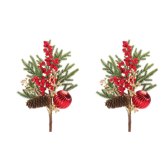 Pine Spray w/berry & Ornament (Set of 2)