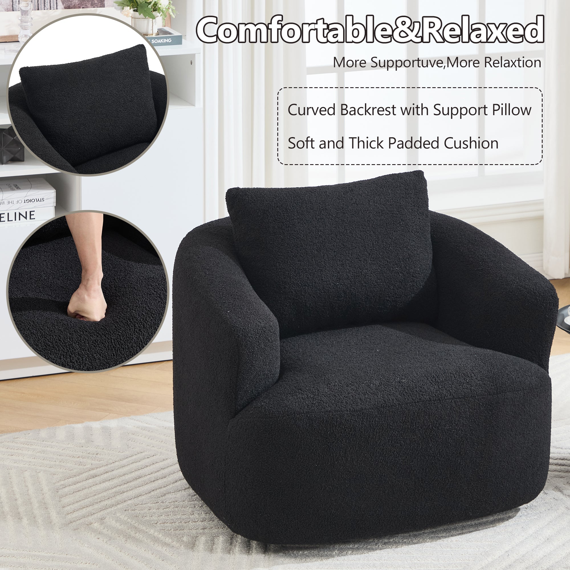 Teddy Fleece 360° Swivel Round Upholstered Comfy Accent Chair With Pillow