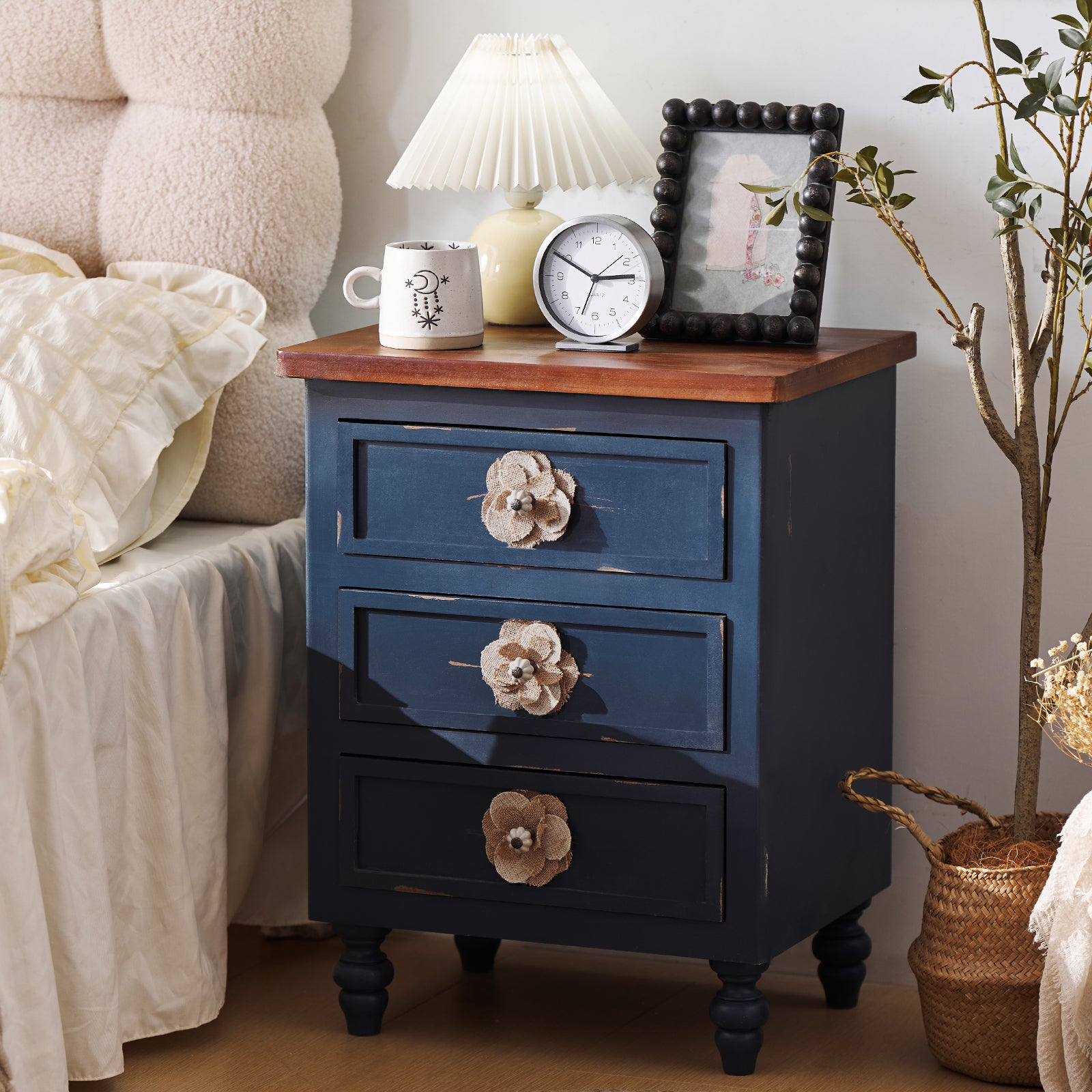 Vintage Farmhouse End Table with Floral Knobs