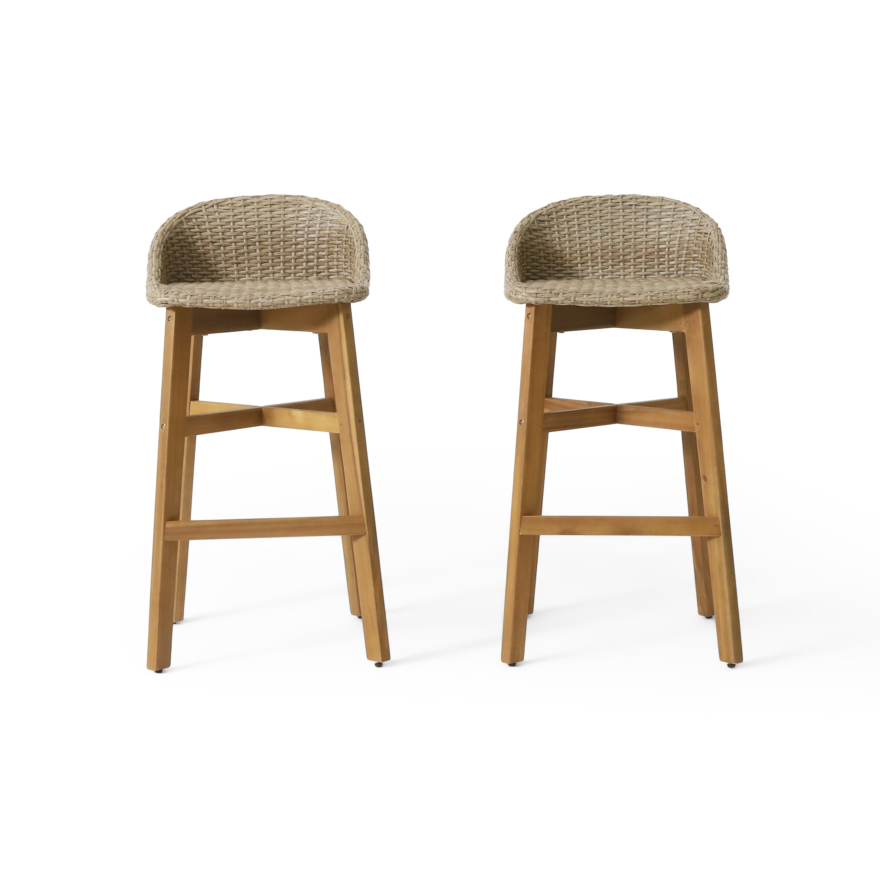 Beeson Outdoor Wicker and Acacia Wood Barstools, Set of 2