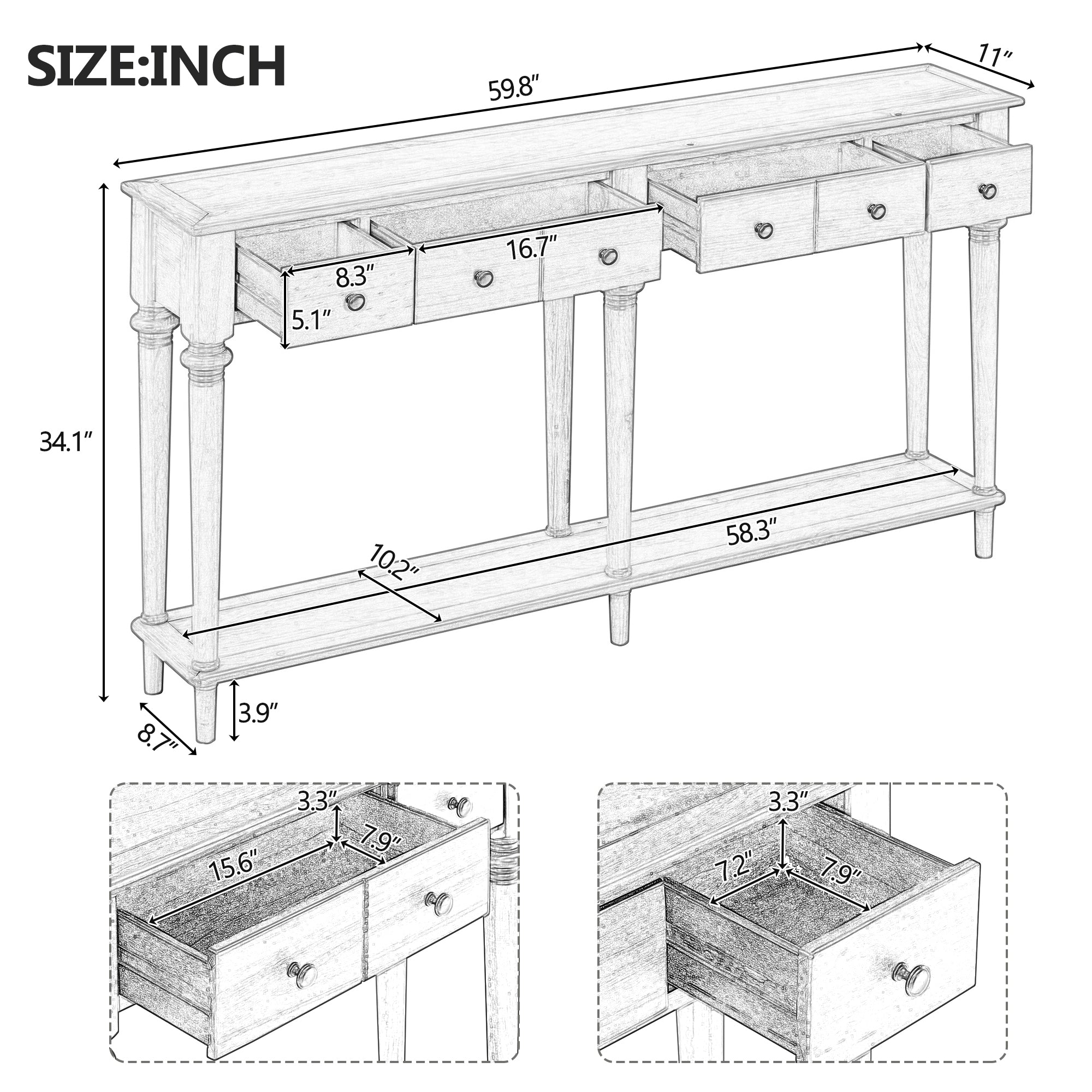 Console Table with 4 Drawers and Open Shelf