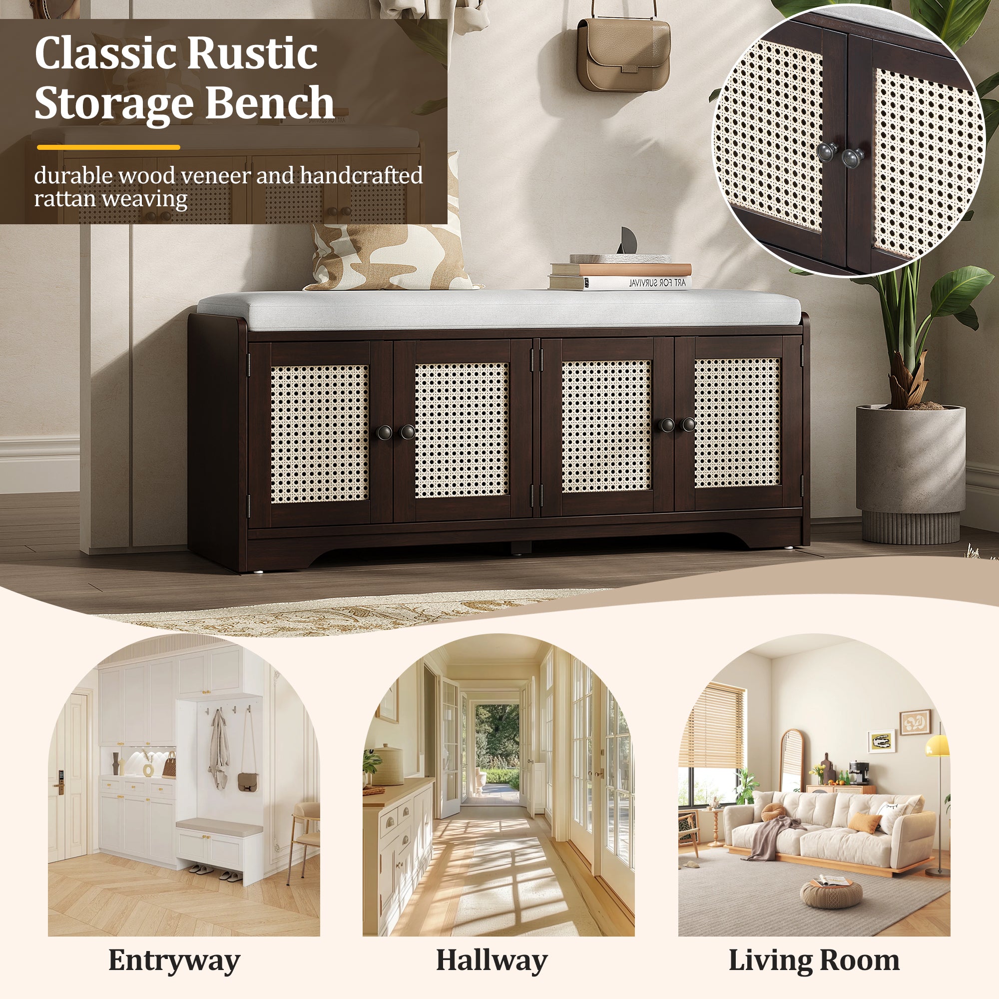 Storage Bench with Rattan Doors