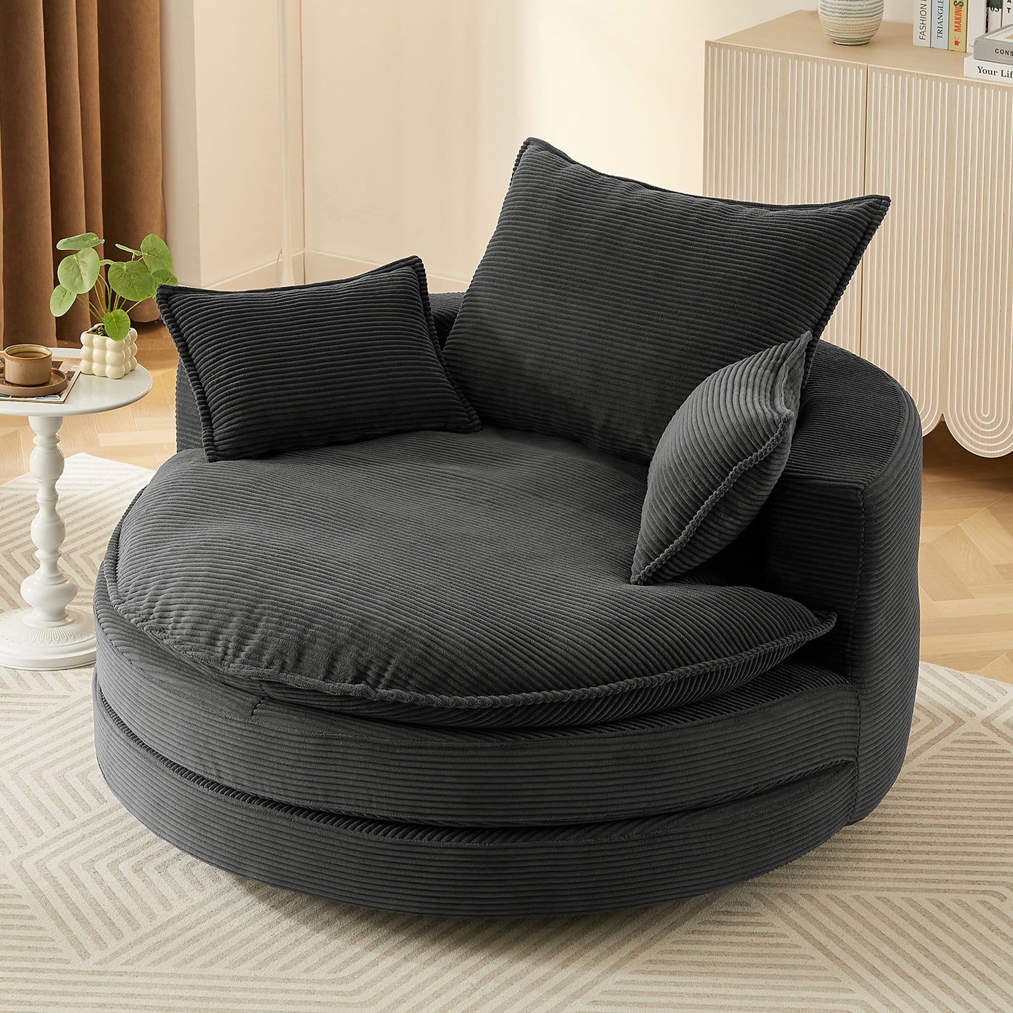 Corduroy 360° Swivel Accent Barrel Chair with 3 Removable Pillows