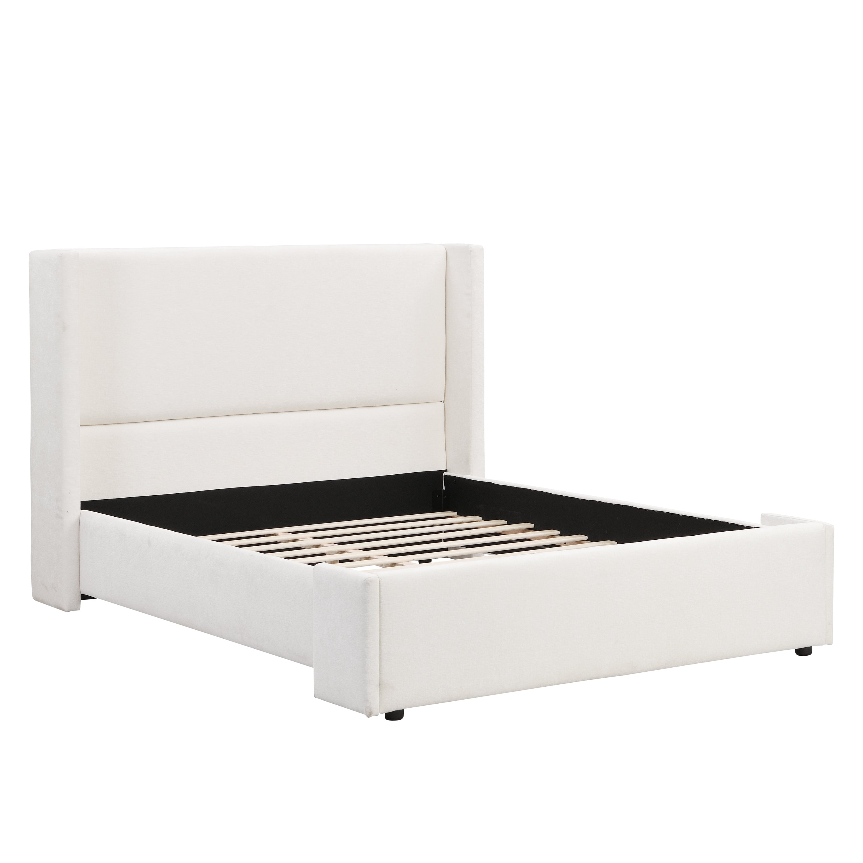 Elegant White Fabric Upholstered Bed with Tall Headboard