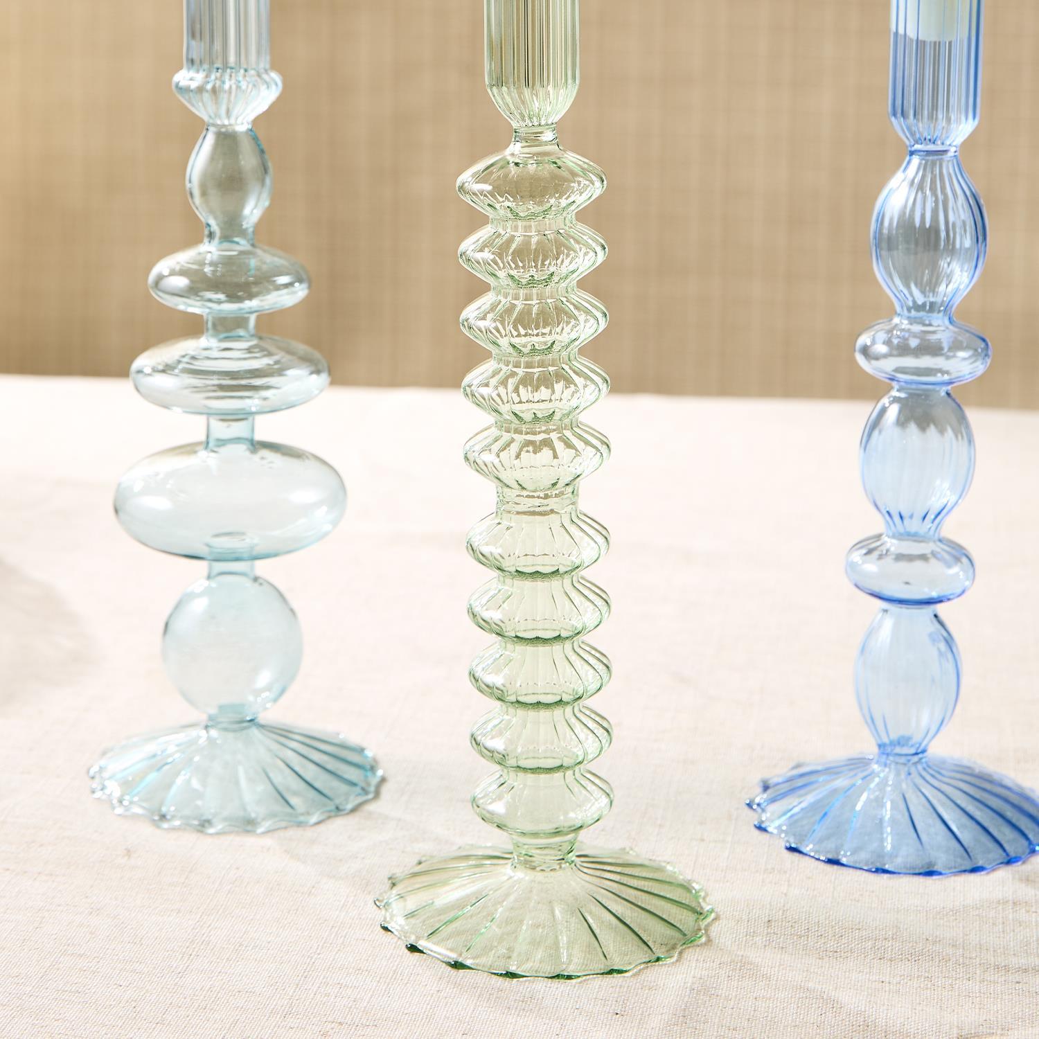Shades of Blue Hand-Blown Glass Taper Candlestick Candleholders, Set of 5