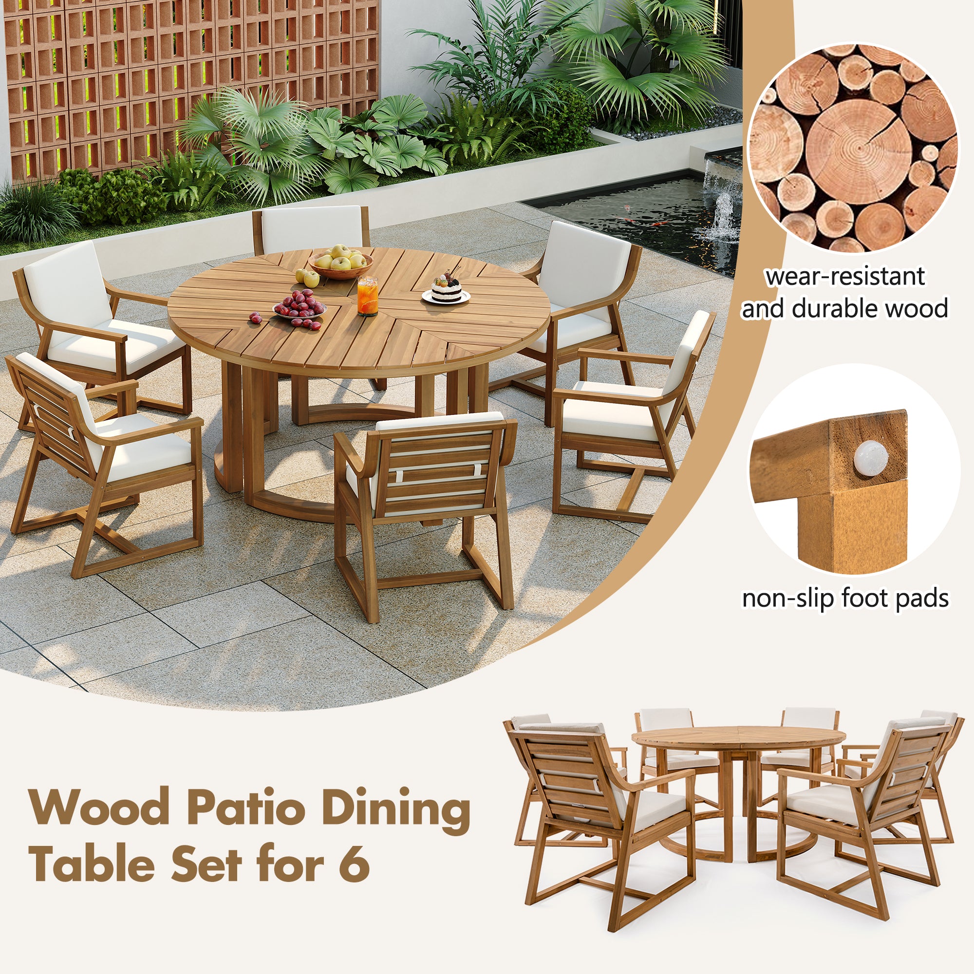 TREXM Patio Dining Table Set for 6, Round Dining Table with 1.96" Umbrella Hole, Outdoor Wooden Patio Furniture Set with Removable Cushions for Garden, Backyard and Pools (Light Teak+Beige Cushion)