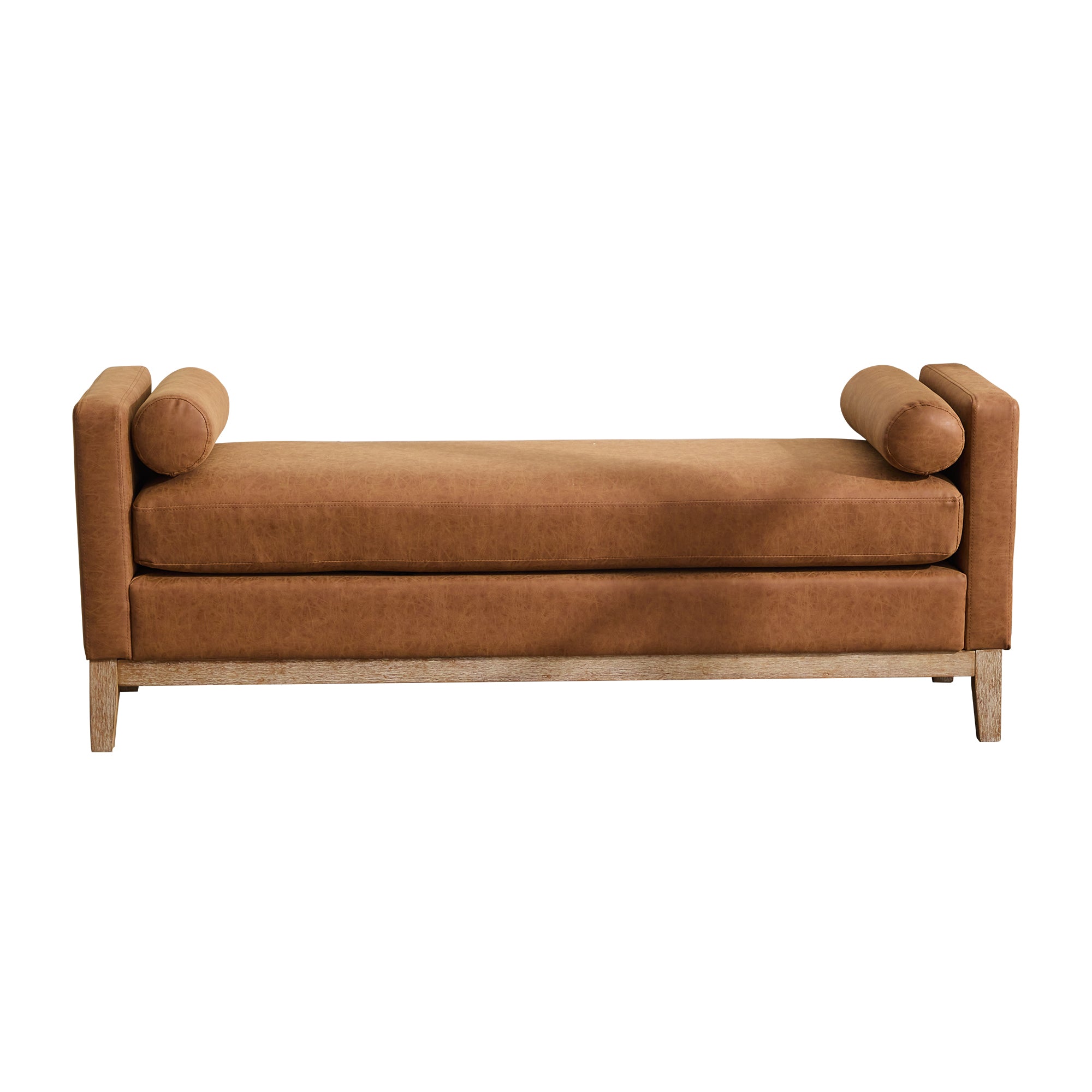 Upholstered Bench with Wood Legs and Two Bolster Pillows