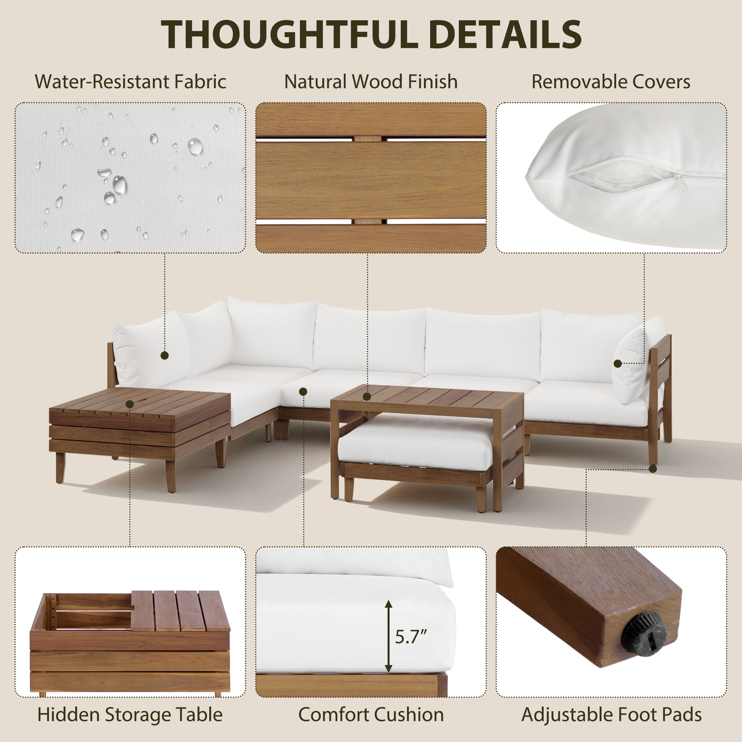 8-Piece Acacia Wood Outdoor Patio Sofa Set, Modular Sectional Furniture Set With Storage Tea Table, Coffee Table And Cushions