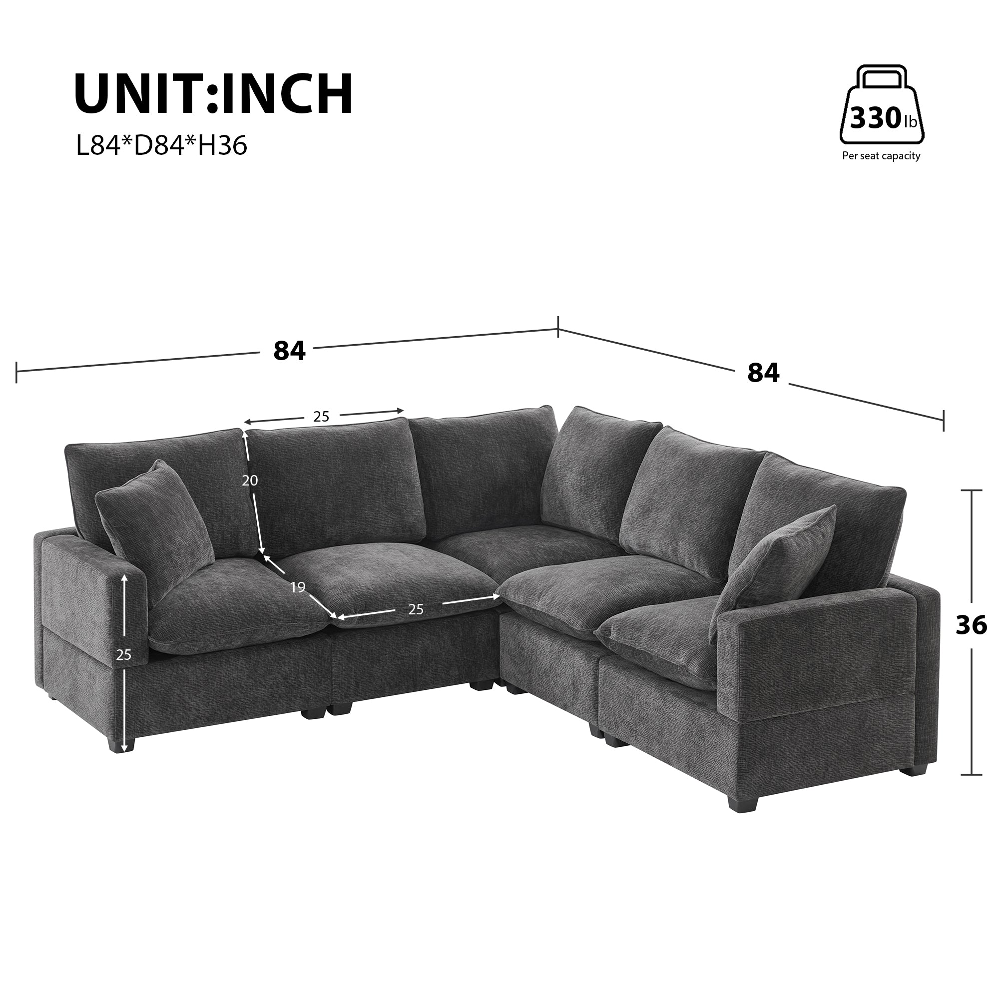 Chenille Modular L-Shape Sofa, Seats 5