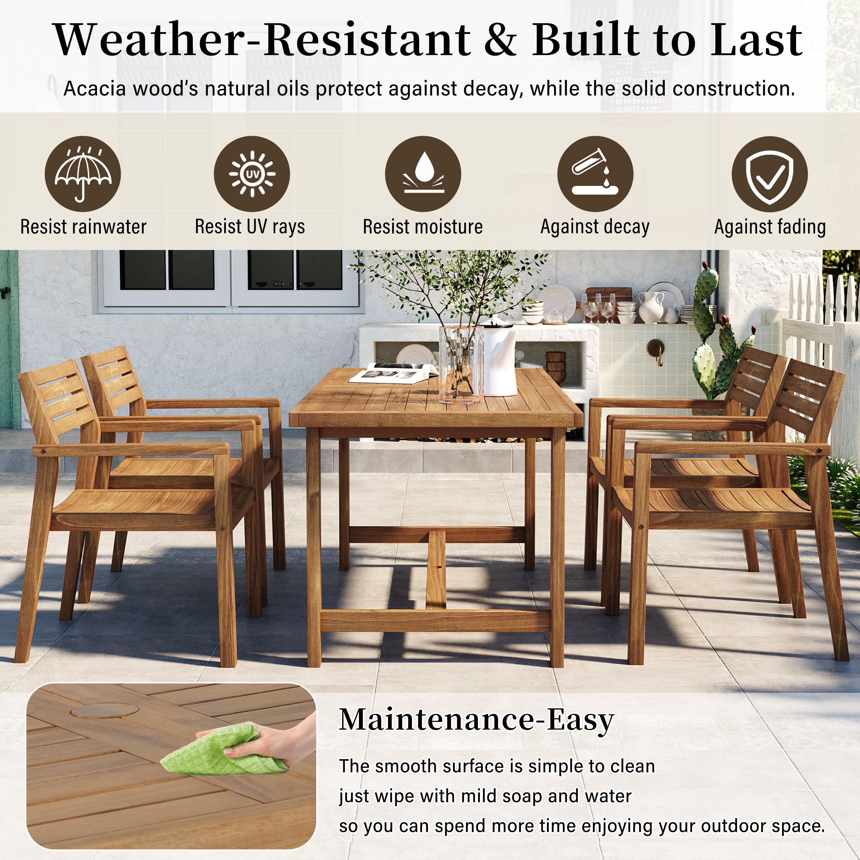 5-Piece Outdoor Acacia Wood Outdoor Dining Set, 59.06-Inch Rectangular Table with Umbrella Hole