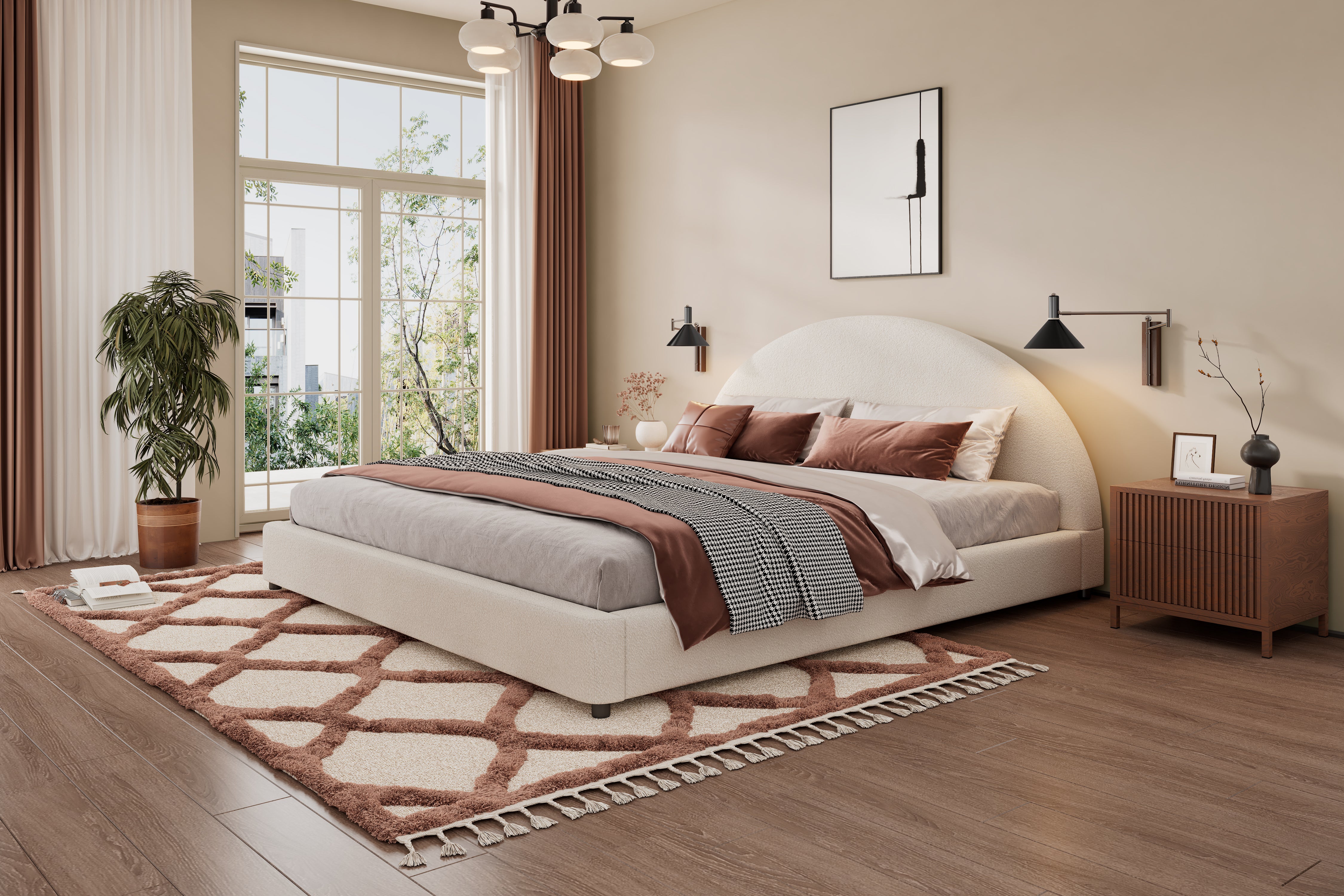 Bed Frame With Boucle Upholstered Round Curved Headboard