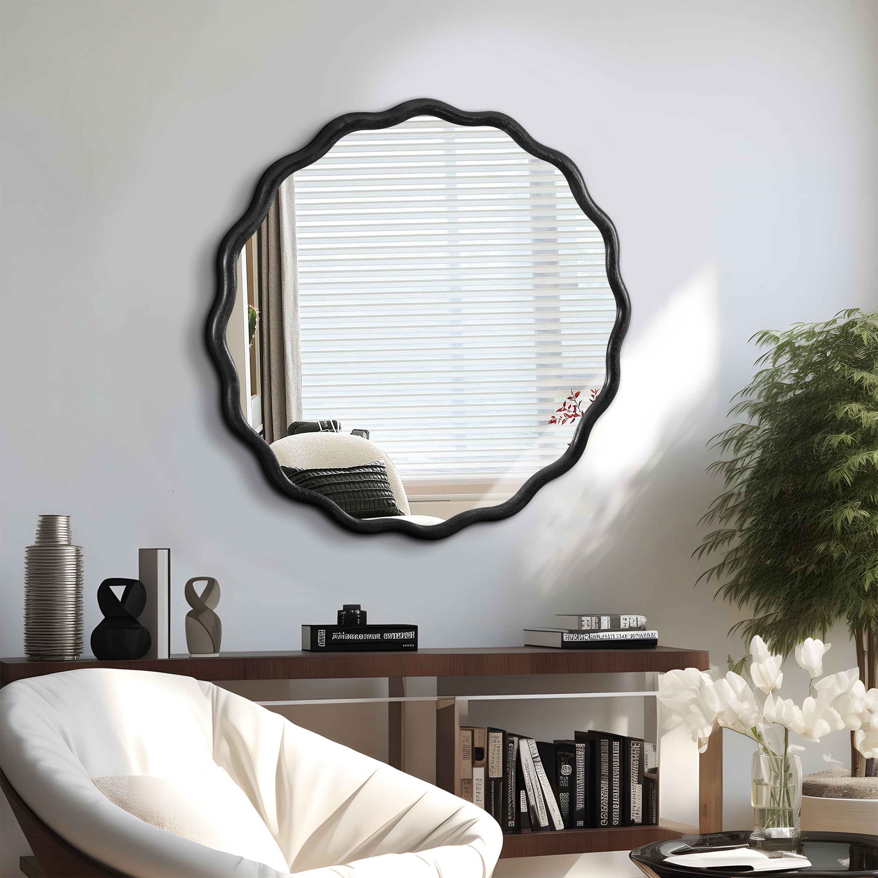Solid Wood Wavy Mirror-Black Mirror Wall Decor 31' x 31' Modern Mirror