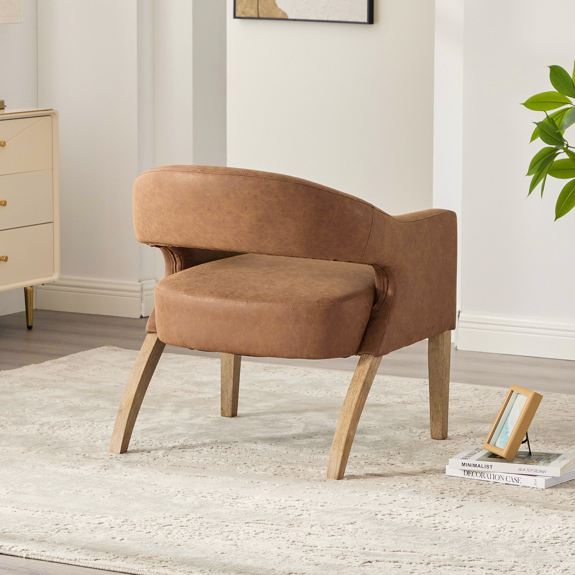 Mid-Century Modern Vegan Leather Open Back Accent Chair with Rubberwood Legs