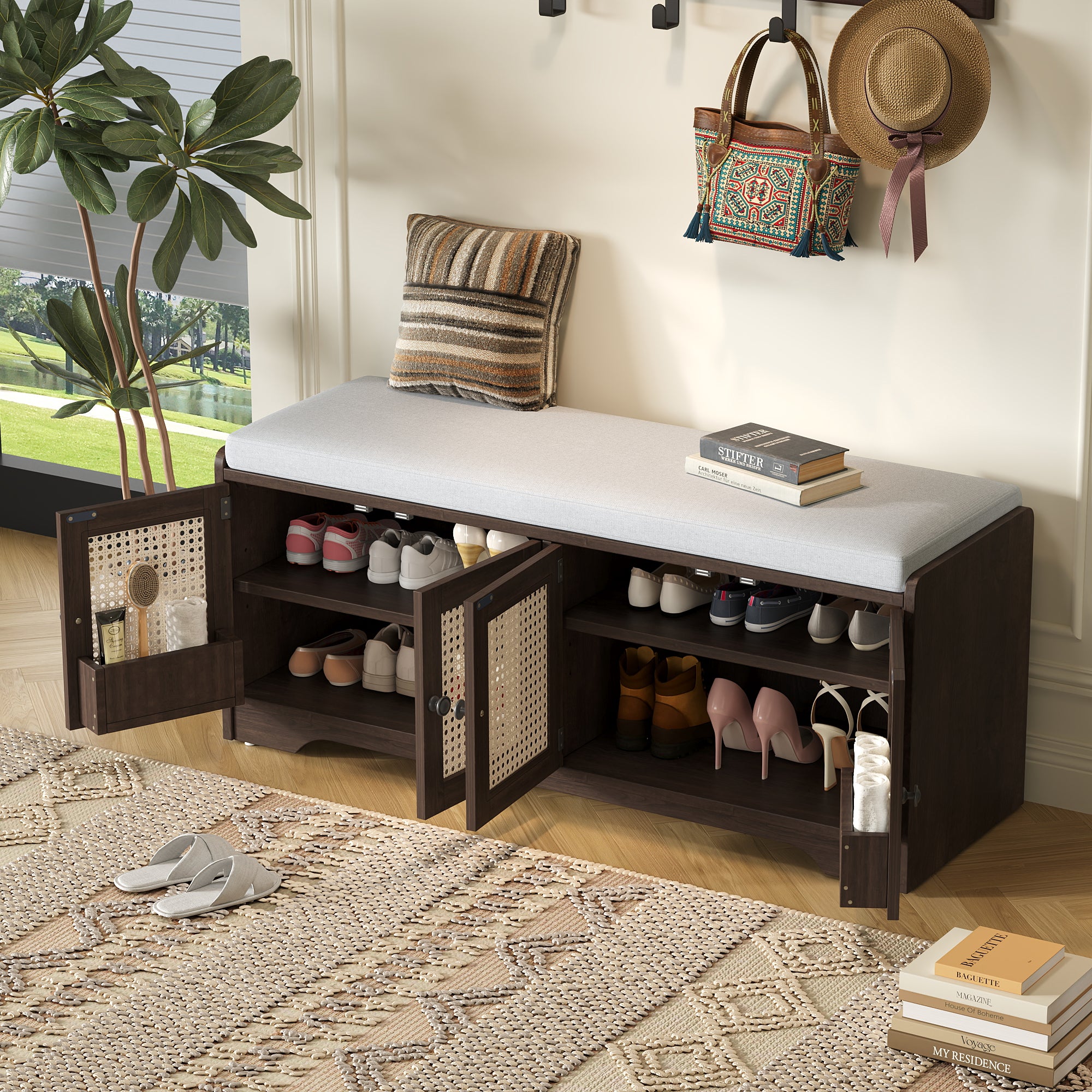 Storage Bench with Rattan Doors