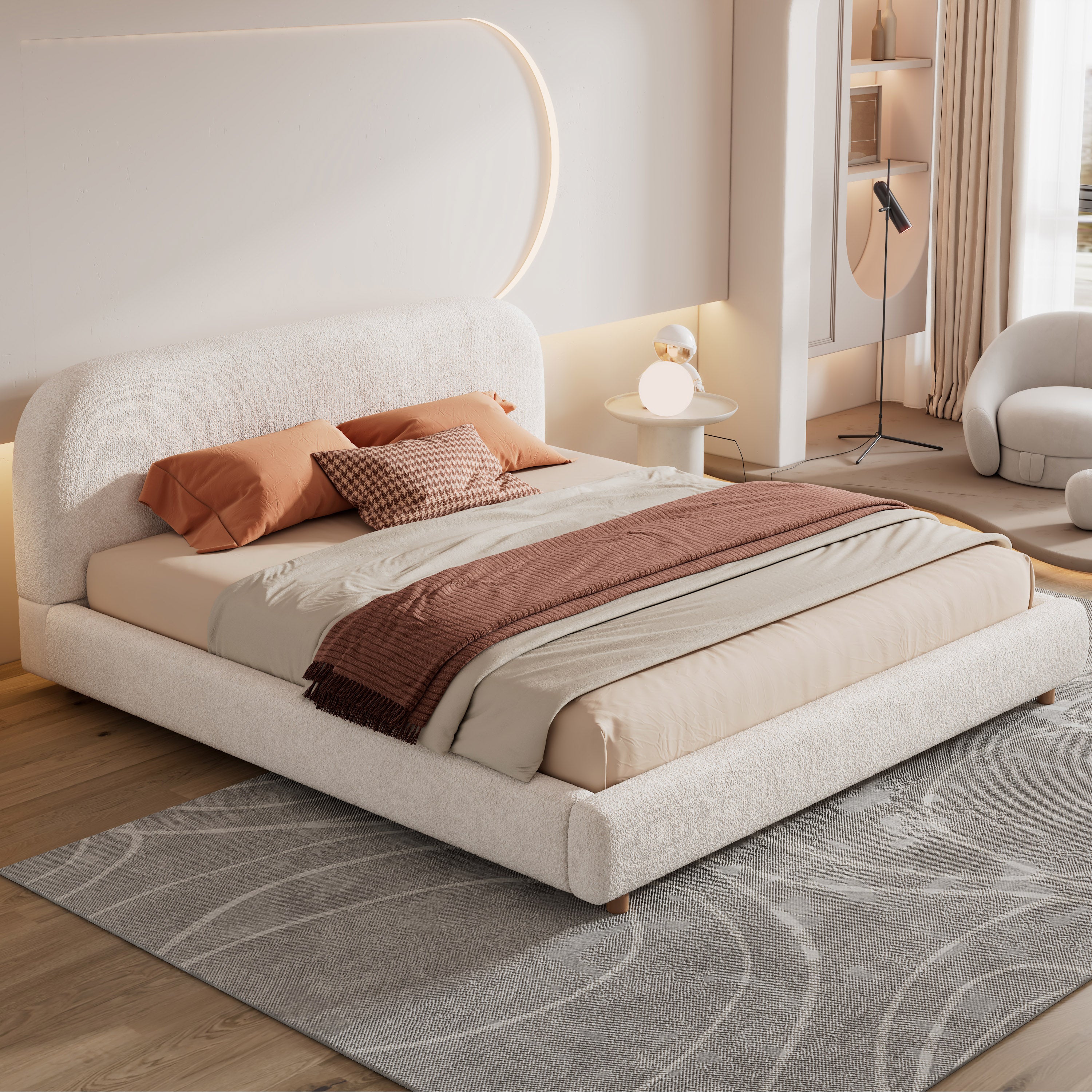 Boucle Fabric Upholstered Platform Bed with Curve-Shaped Design Headboard