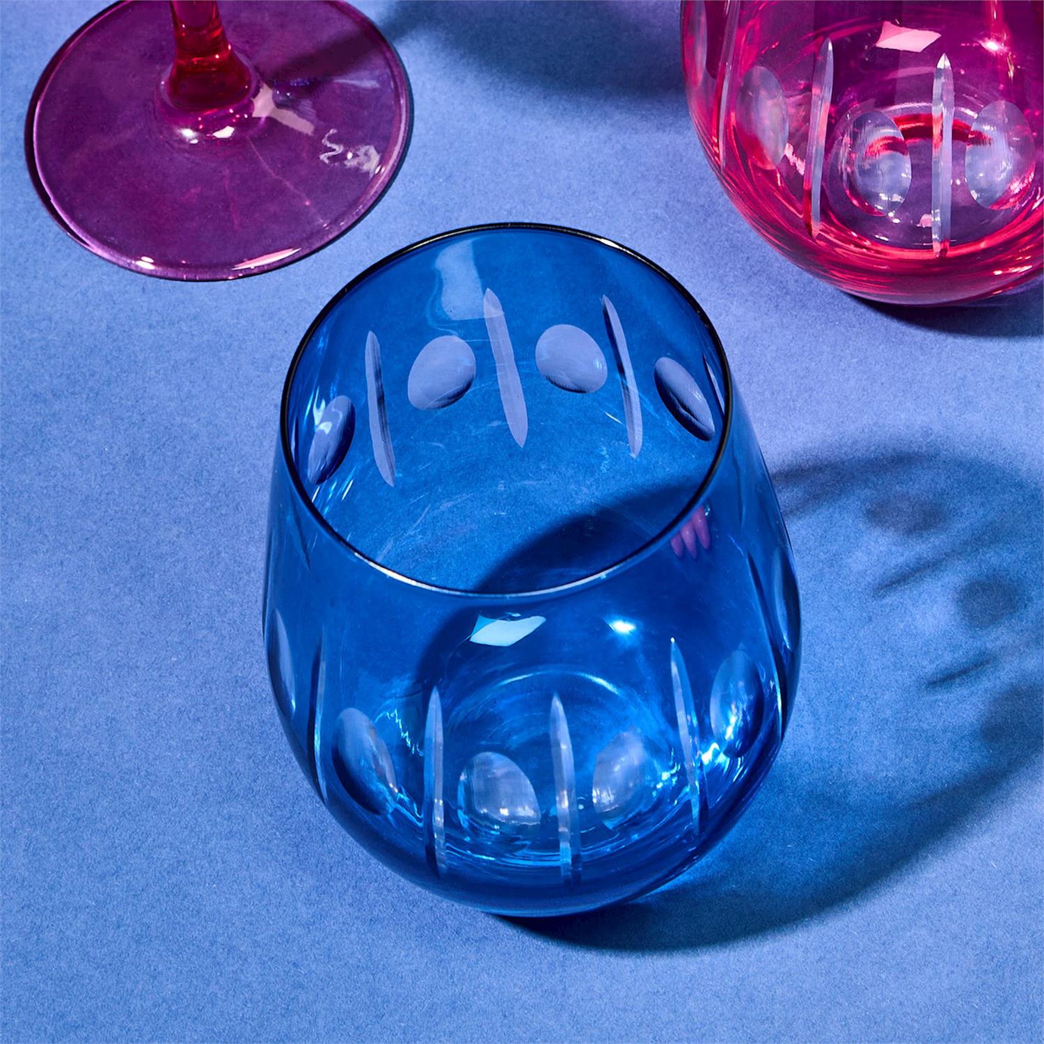 Sparkling Cut Blue Hand Engraved Stemless Wine Glasses, Set of 4
