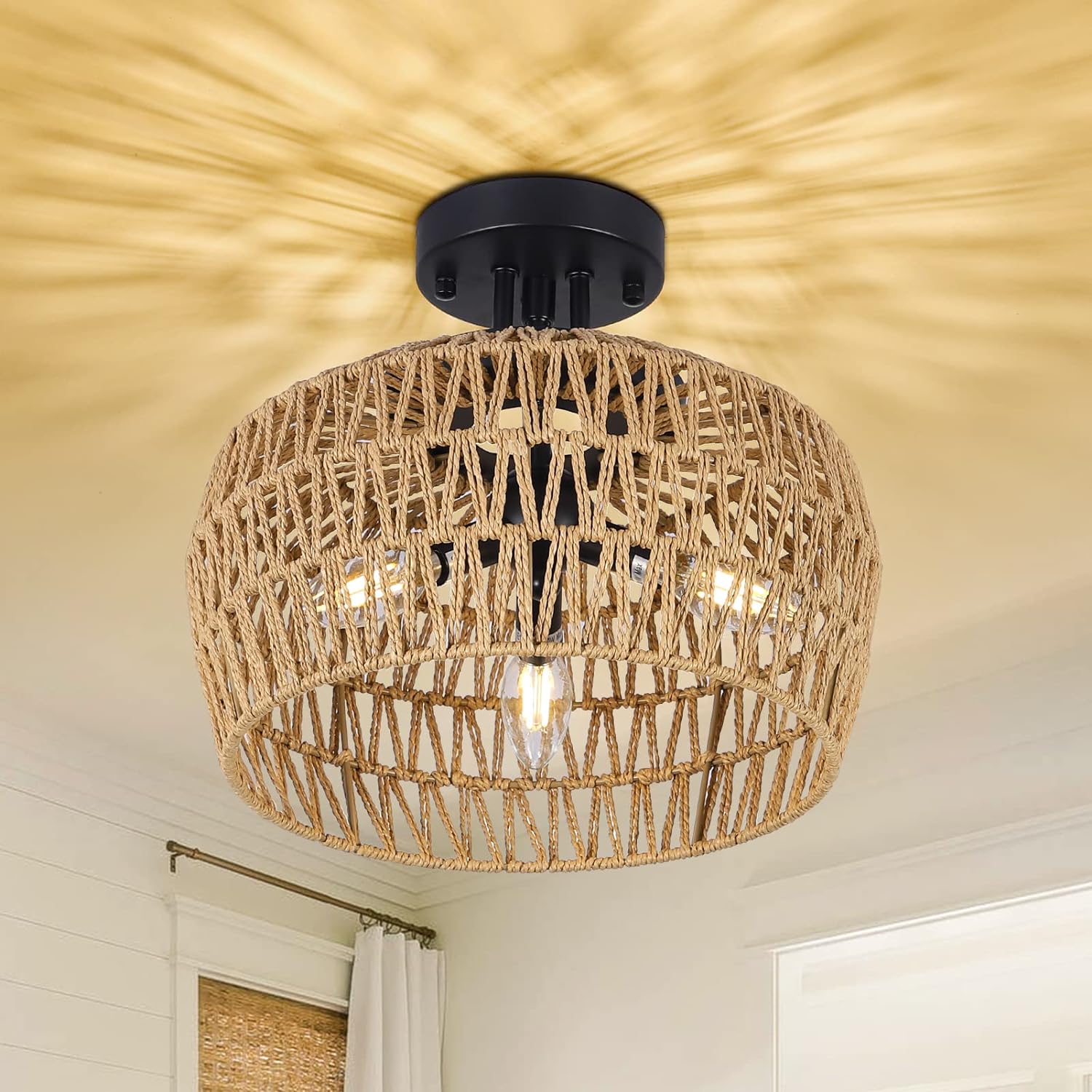 3-Light Semi Flush Mount Ceiling Light with Handmade Wicker Lampshade