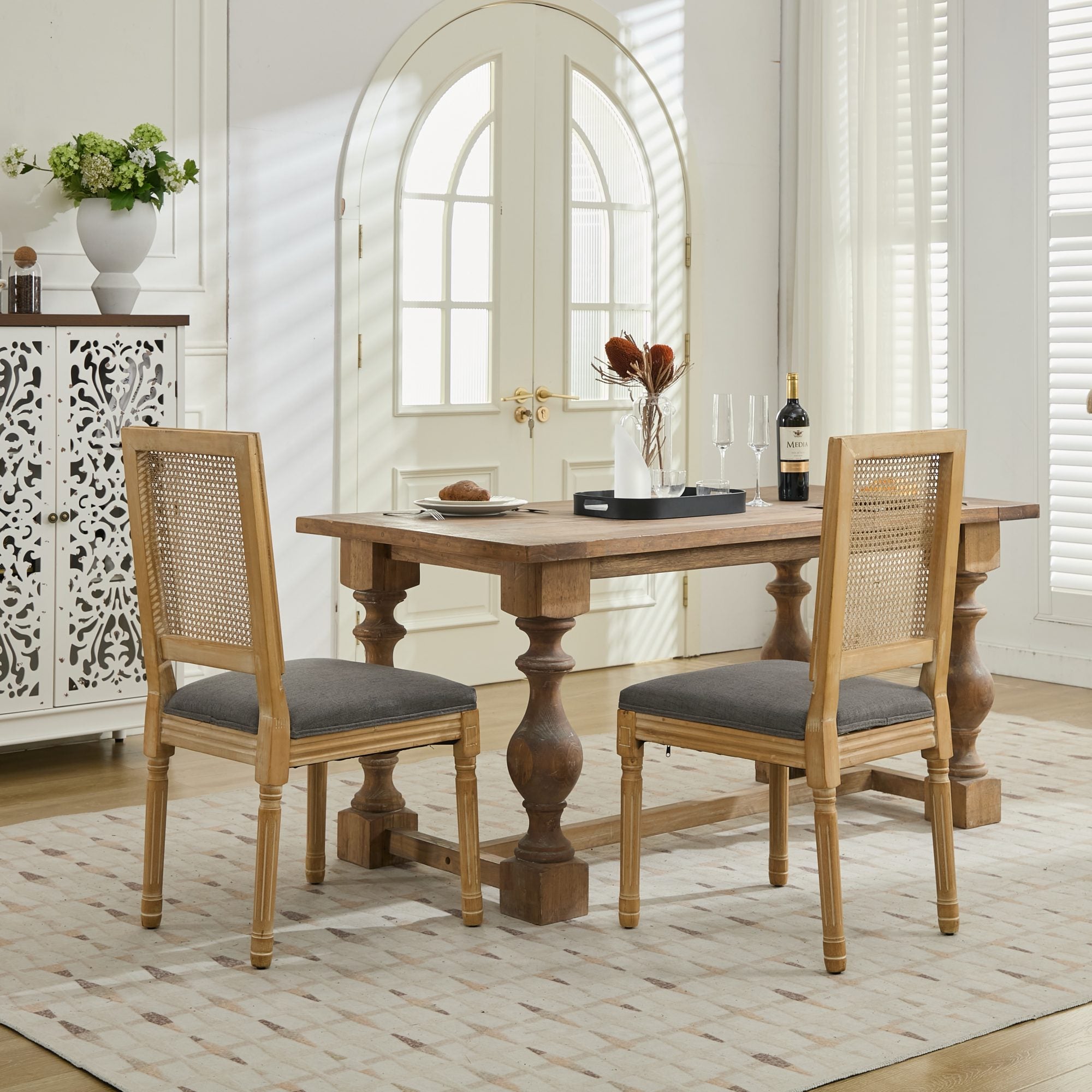 Louis French Country Dining Chairs with Square Rattan Backrest, Set of 2