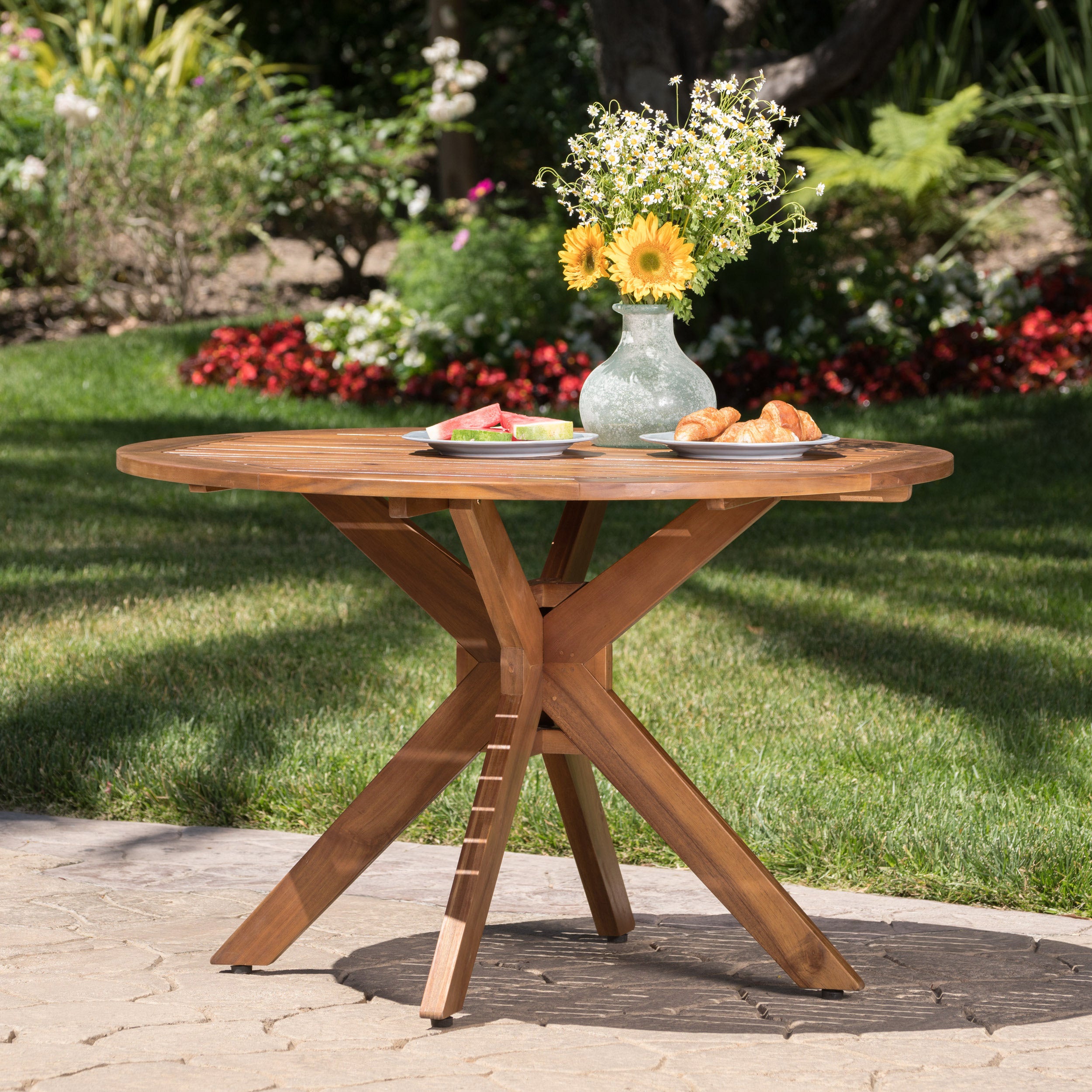 Stanford Outdoor Round Acacia Wood Dining Table with X Base