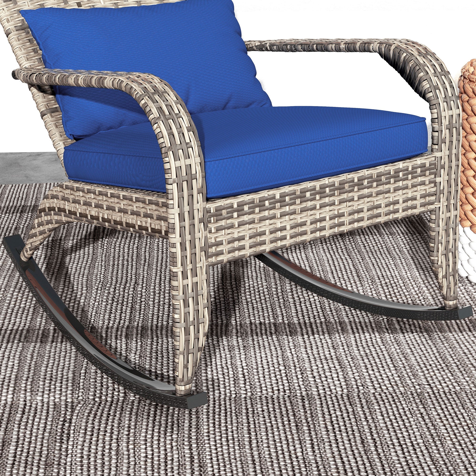 Outdoor Wicker Adirondack Rocking Chair with High Back & Seat Cushion