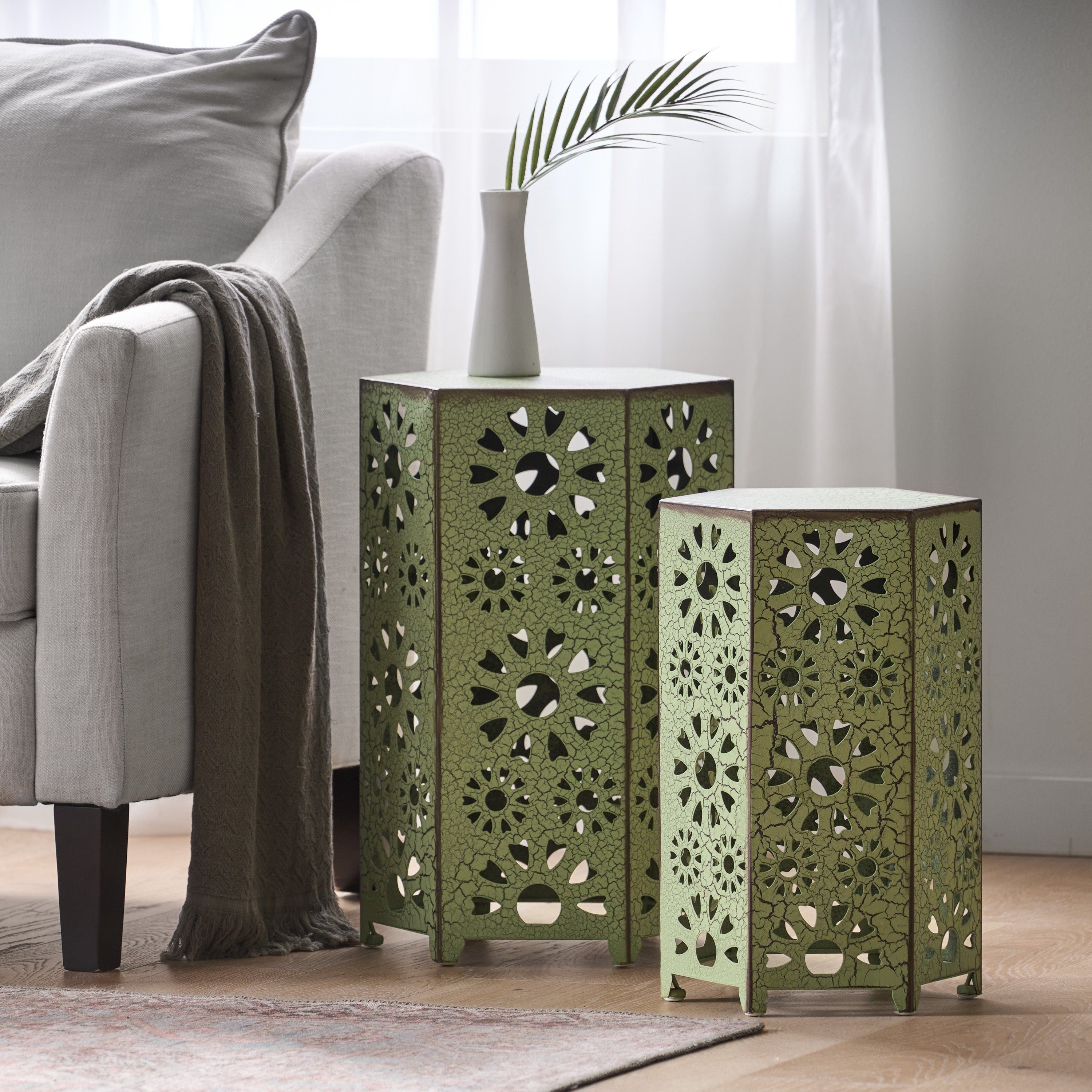 Eliana Iron Outdoor Side Table Set with Sunburst Cut Out